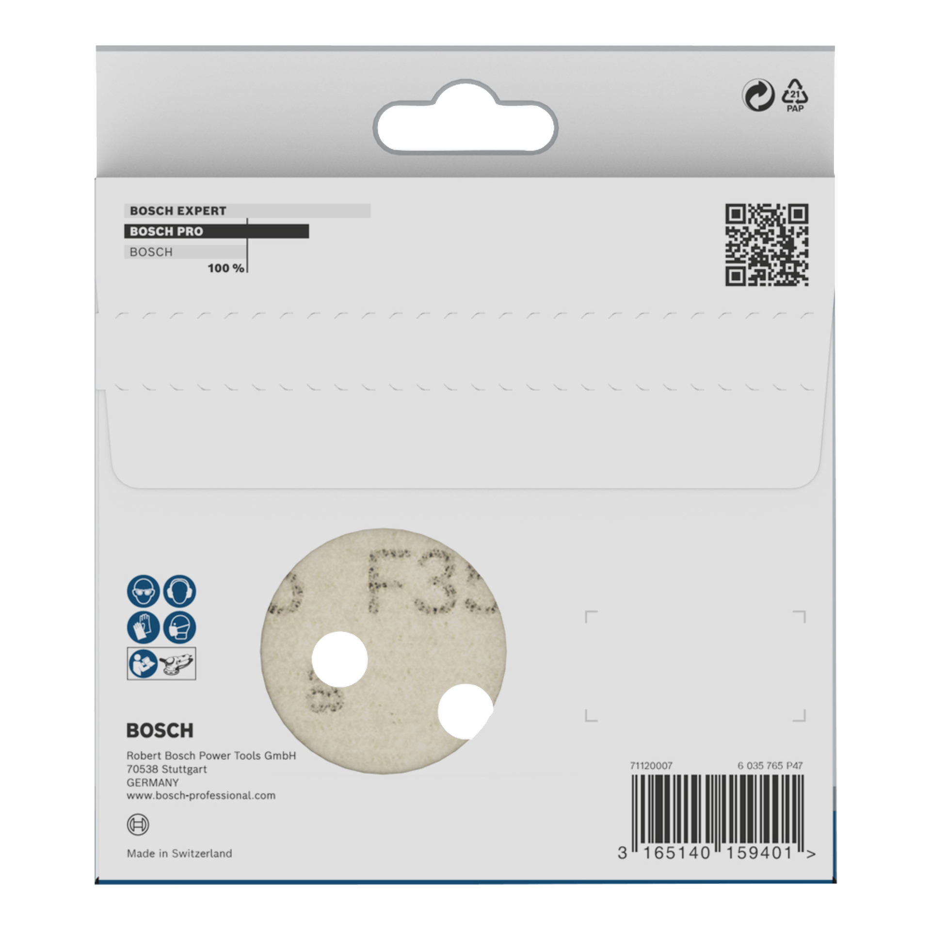 Rückseite der Bosch-Schleifscheibenverpackung mit einem runden Fenster, das die weiße Scheibe, Barcodes, QR-Code, Logo und Produktdetails zeigt.