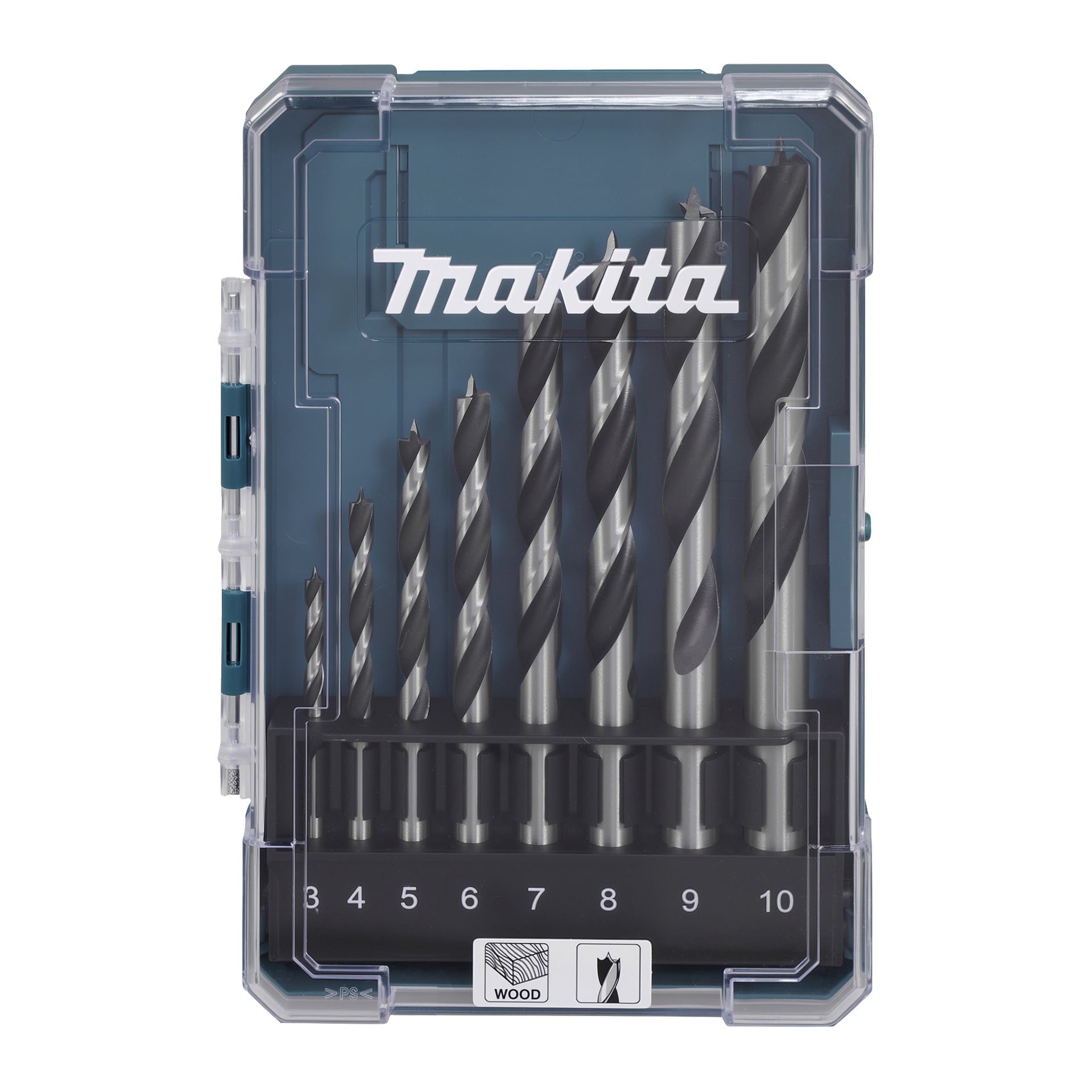 Sju Makita-borrbits i ett genomskinligt fodral, ordnade efter storlek från vänster till höger och märkta med siffrorna 3 till 10 längst ner.