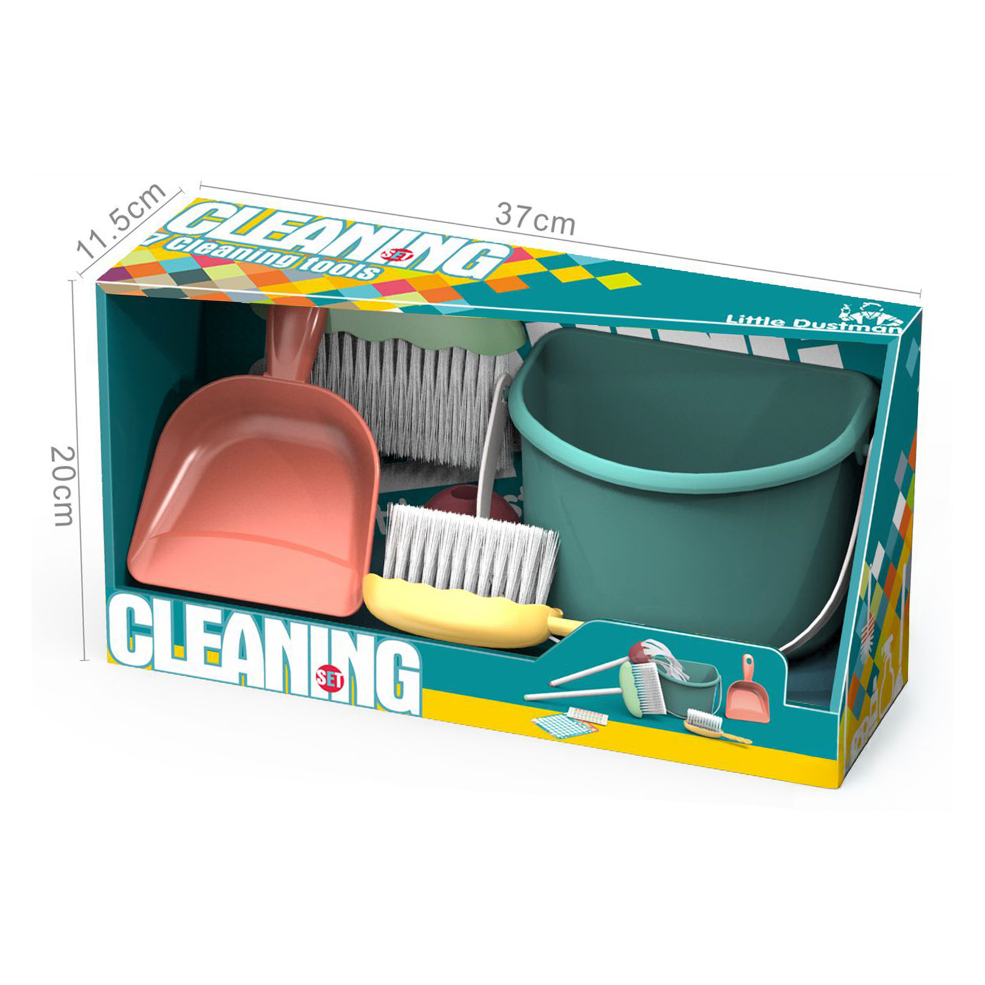 Laatikollinen lelujen puhdistussarja, nimeltään Cleaning Set, sisältää rikkalapion, harjan, puhdistimen ja turkoosin ämpärin. Laatikon koko: 37 x 20 x 11,5 cm.