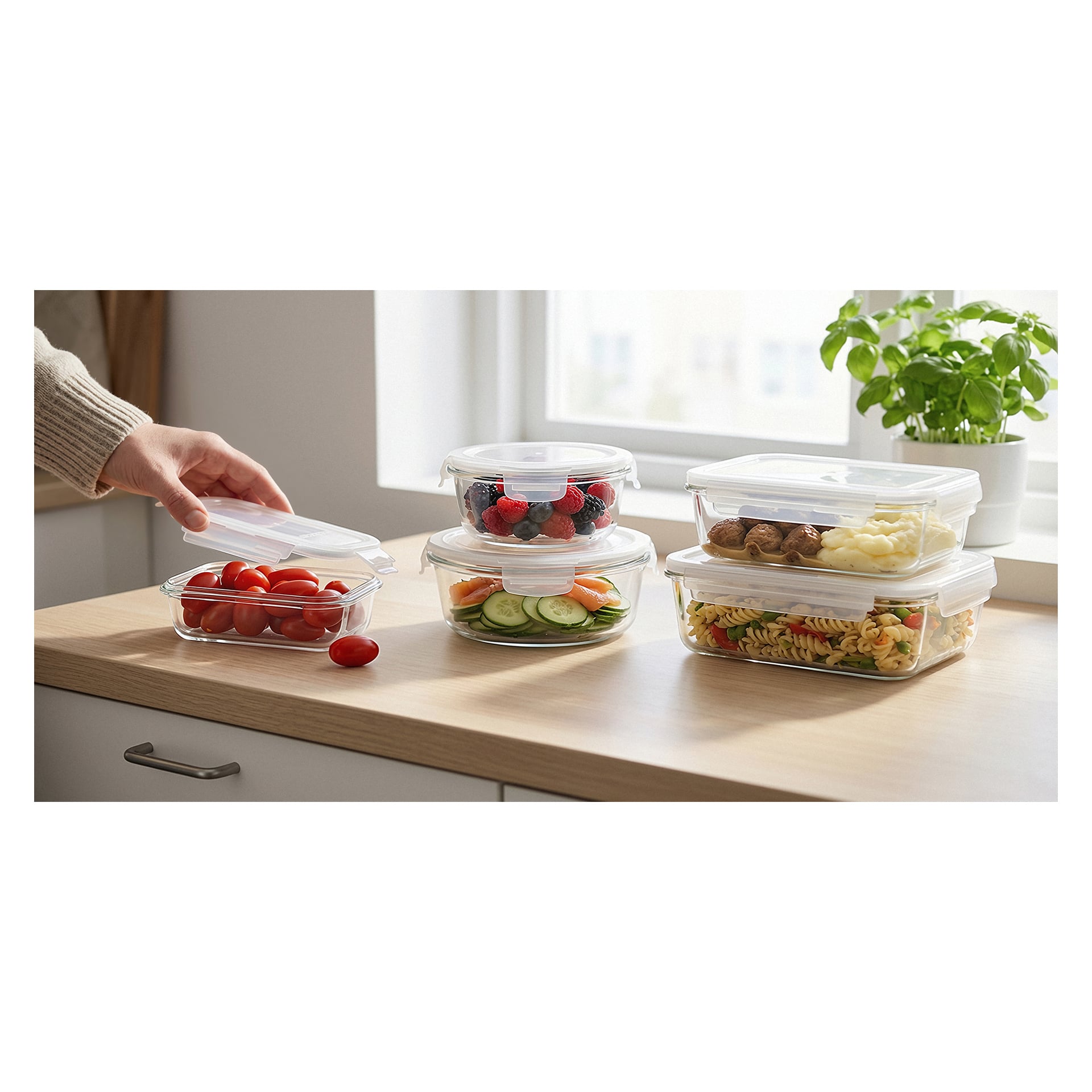 En hand lockar en glasburk med körsbärstomater; I närheten finns tre glasbehållare med blandade bär, sallad och pasta med köttbullar.