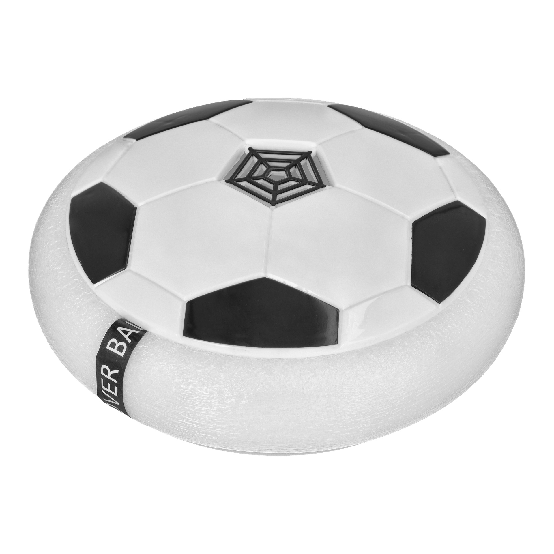 En fotballformet leke med svarte og hvite paneler, en hvit skumring rundt basen, og en etikett hvor det står "Hover BALL."