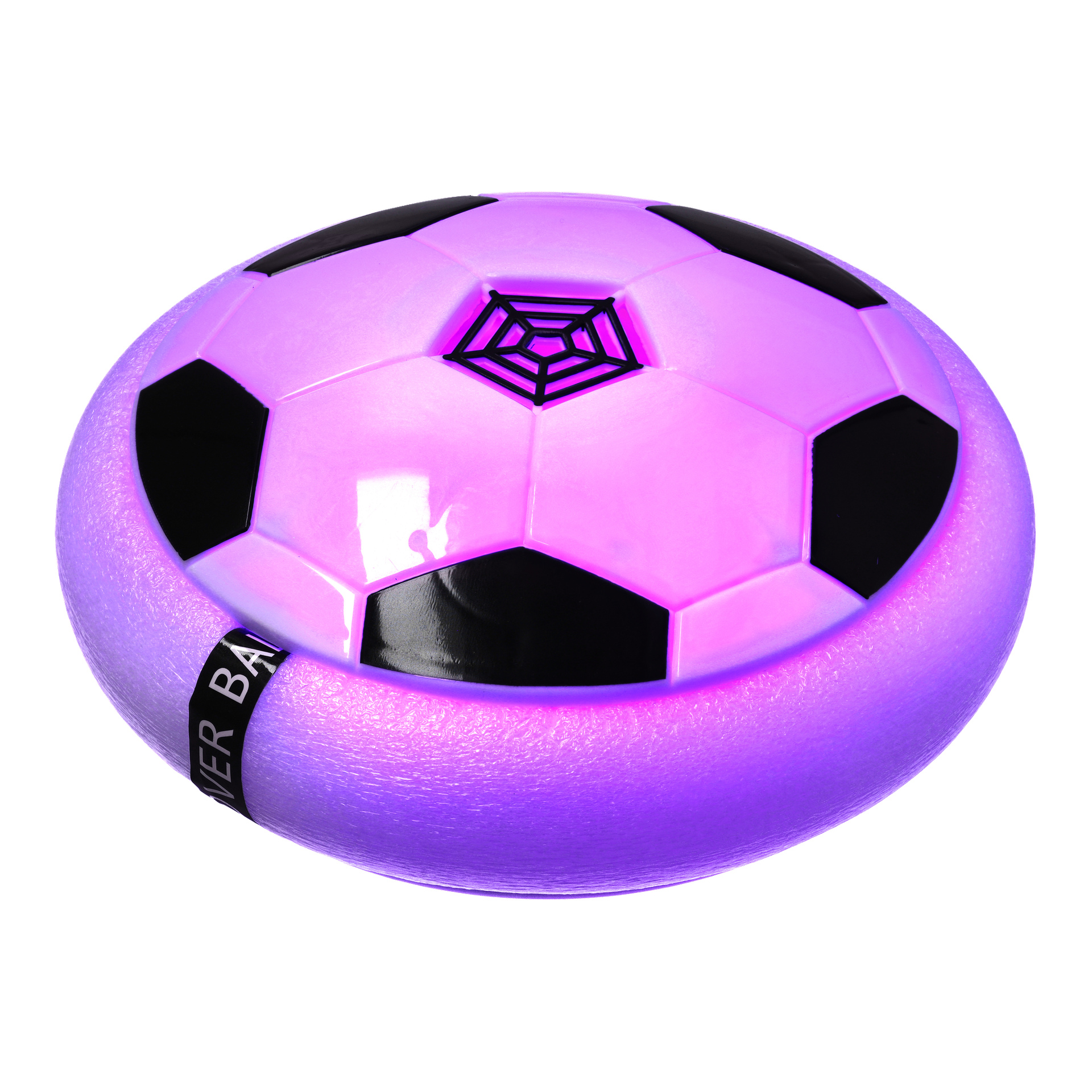 En lilla og svart hoverball-leketøy med rund form, skumkant og svart femkantet mønster, laget for innendørs lek.
