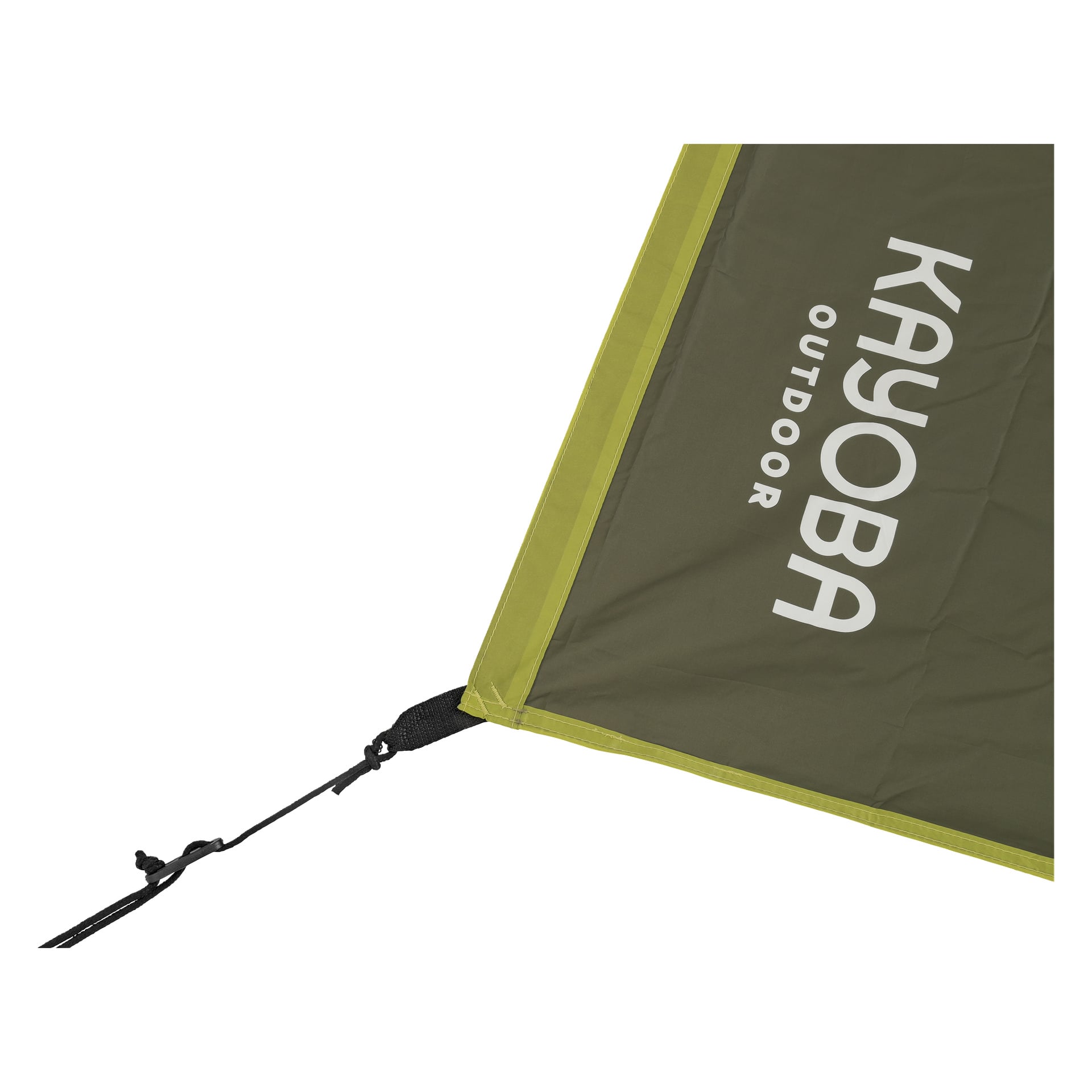 Nærbilde av et grønt telthjørne med KAYOBA OUTDOOR-logoen, forsterket kant og en festet svart bartong.