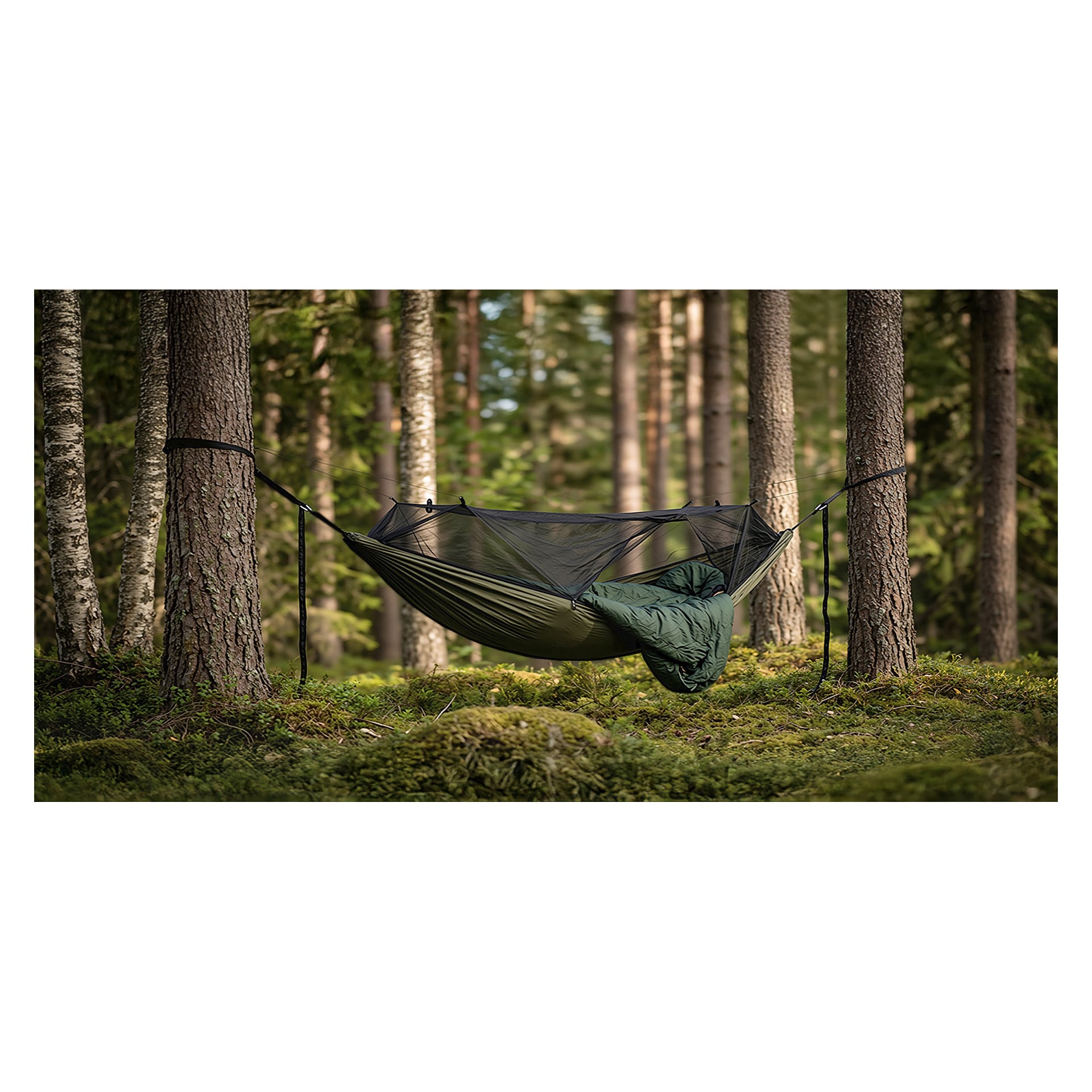 En grön hängmatta med ett svart nät hänger mellan skogsträd och håller en sovsäck. Solljus och mossa täcker den skogbevuxna marken.