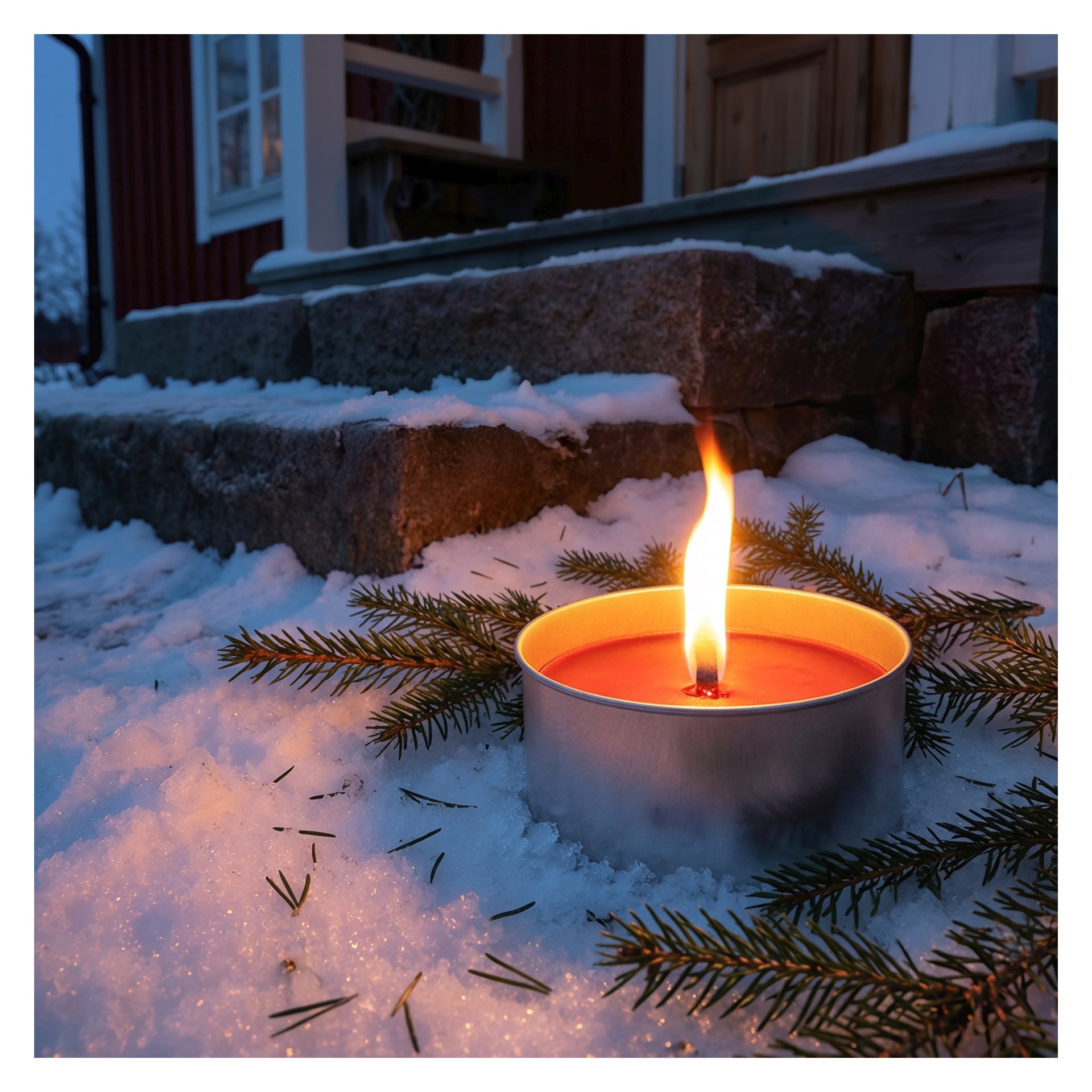 En brinnande marschall står på snötäckt mark bland grangrenar, med stentrappor och en husingång i skymningsbakgrunden.