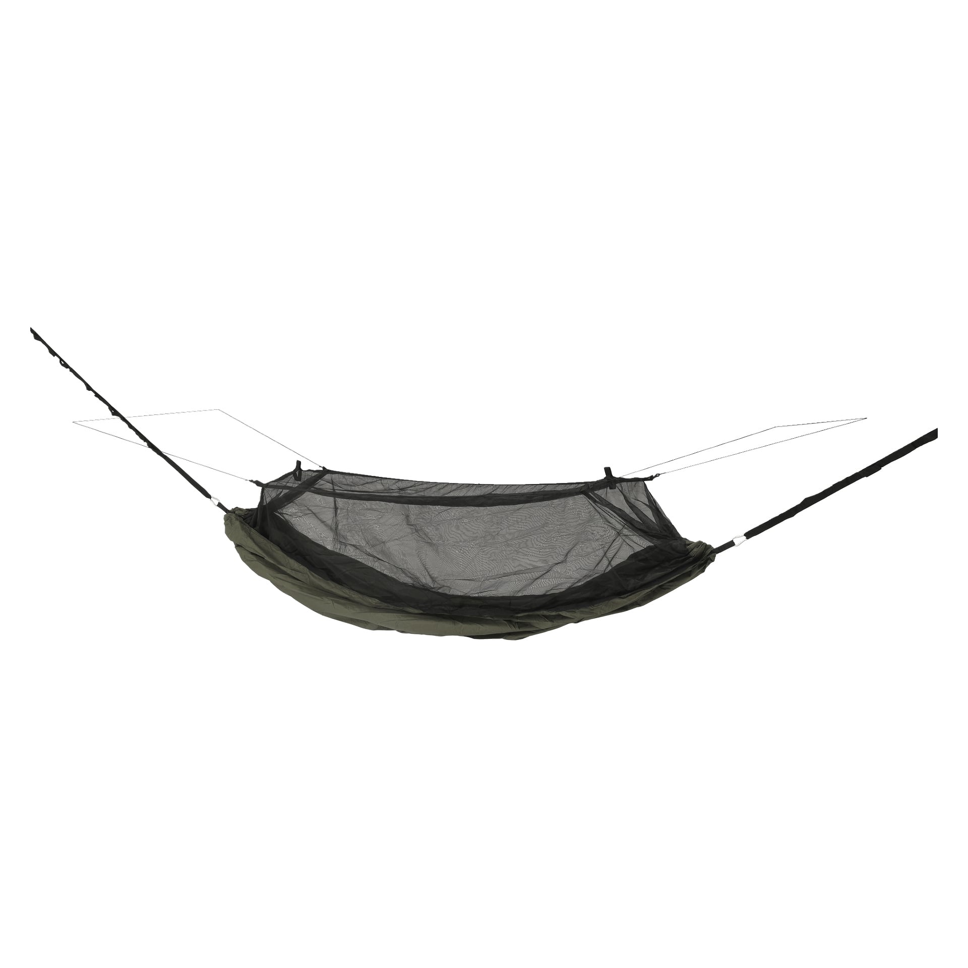 En grön och svart campinghängmatta med ett inbyggt myggnät, upphängt i rep i båda ändar.