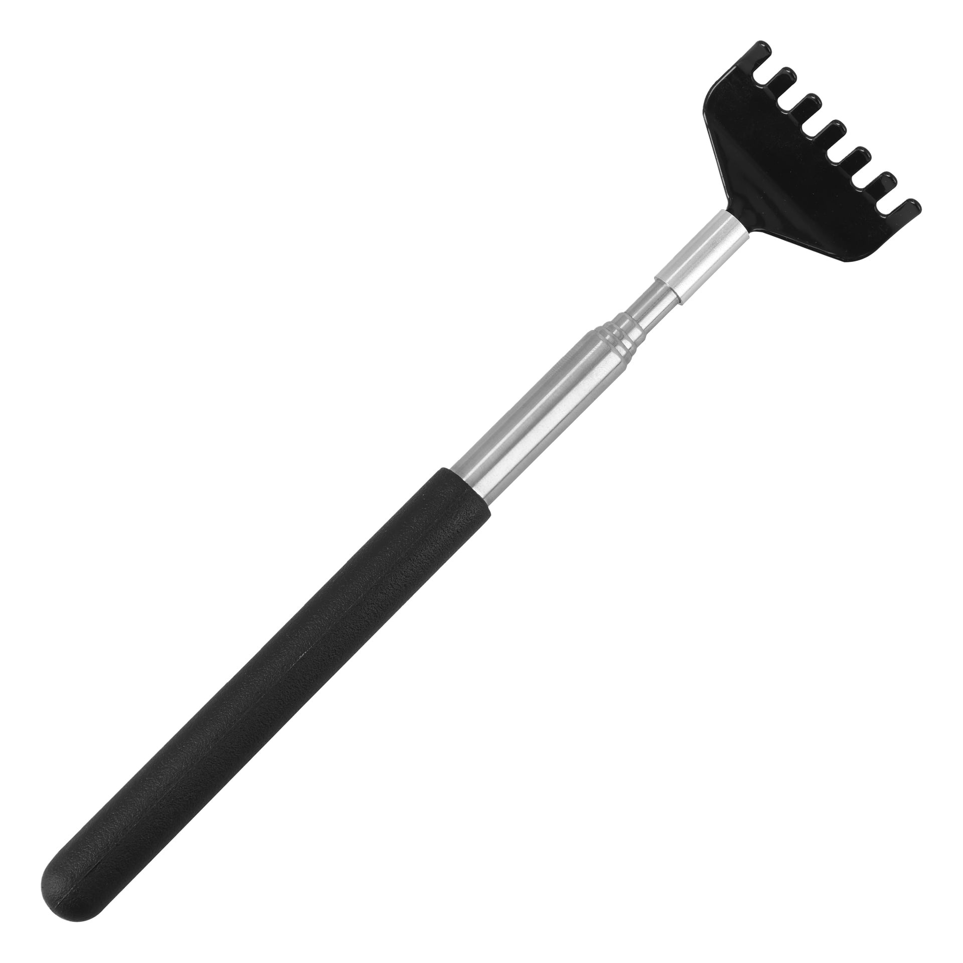 En metallbakskrapa med ett mjukt, ergonomiskt svart handtag, utdragbart silverskaft och svart rakeformad skrapände.