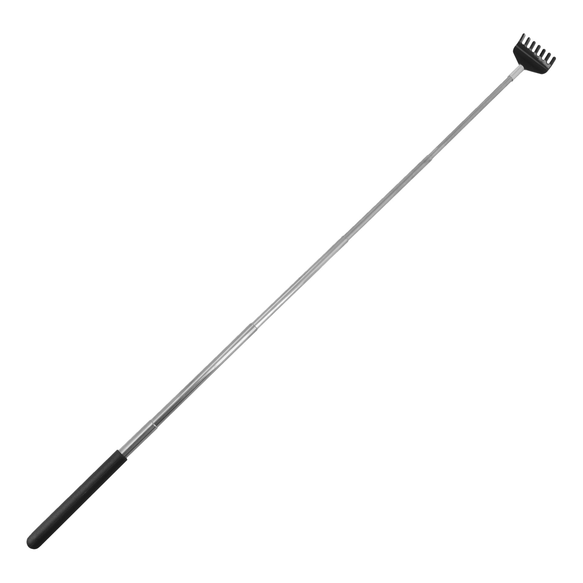 En fullt utfälld teleskopisk metallbakåtskrapa med svart handtag och en räfsliknande ände.