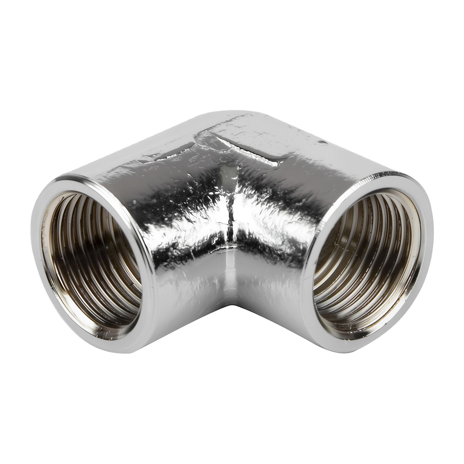 En blank 90-graders armbågsrörkoppling i metall med inre gängor i båda ändar, designad för att koppla ihop rör i rät vinkel.