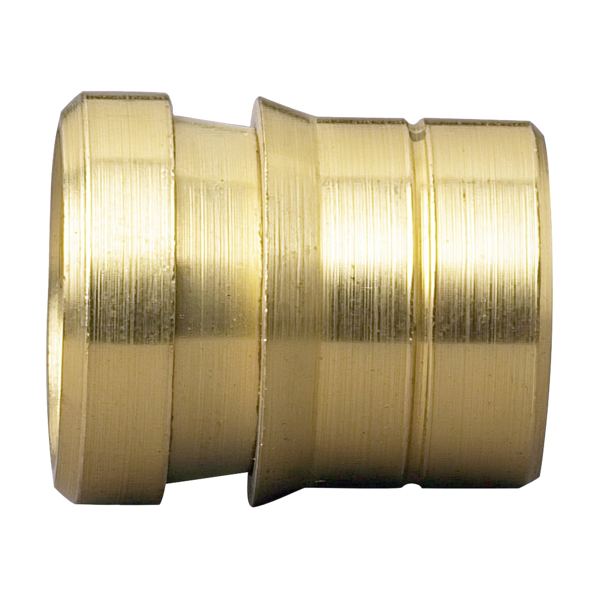 Närbild på en cylindrisk mässingsrörskoppling med räfflade sidor och en blank, polerad finish.