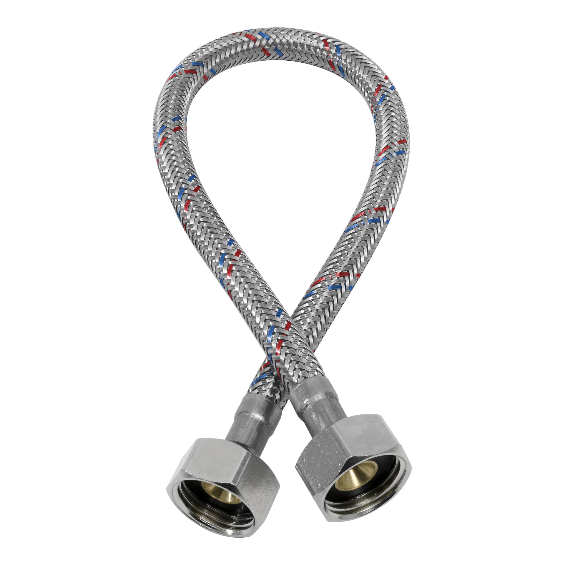 En flexibel flätad metallslang med röda och blå markeringar och hexagonala kopplingar i båda ändar.