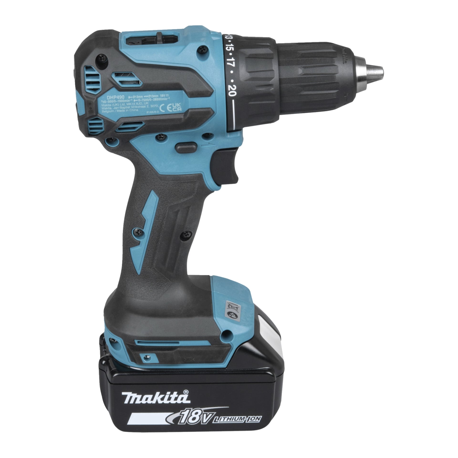 Makita 18V sladdlös borr i blått och svart med ett svart batteri i basen och ett strukturerat handtag.