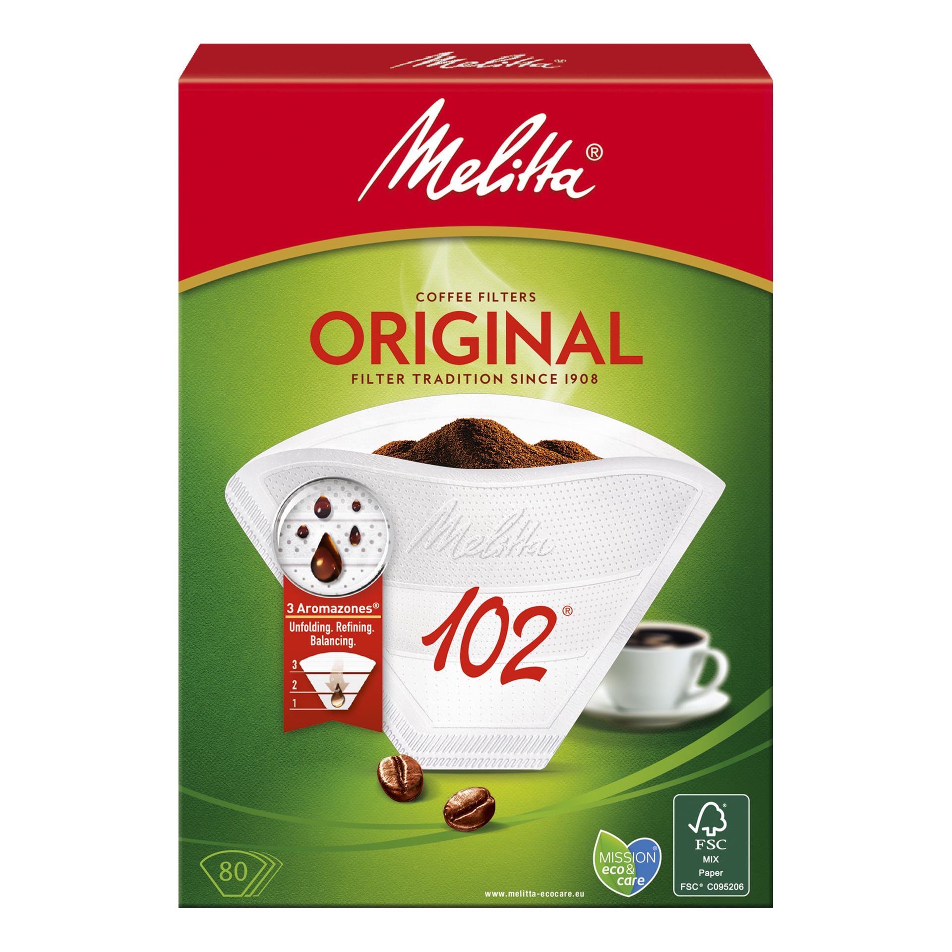 Låda med Melitta Original 102 kaffefilter, med ett fyllt filter, kaffebönor och en kaffekopp. Innehåller 80 filter.