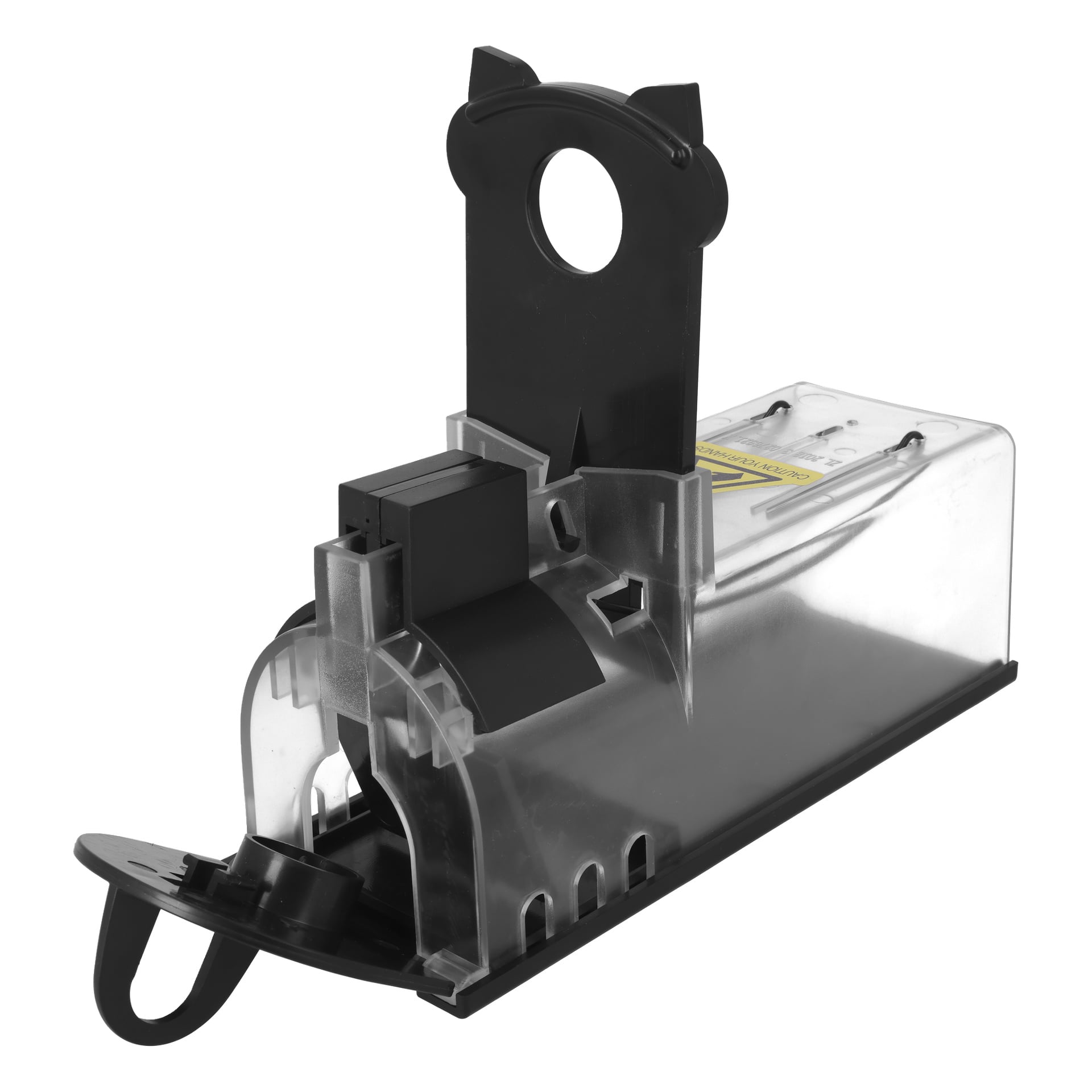 Transparente Nagetierfalle mit schwarzem Griff und Eingang, Klapptür, seitlichen Luftlöchern und sichtbarem vorderen Verriegelungsmechanismus.