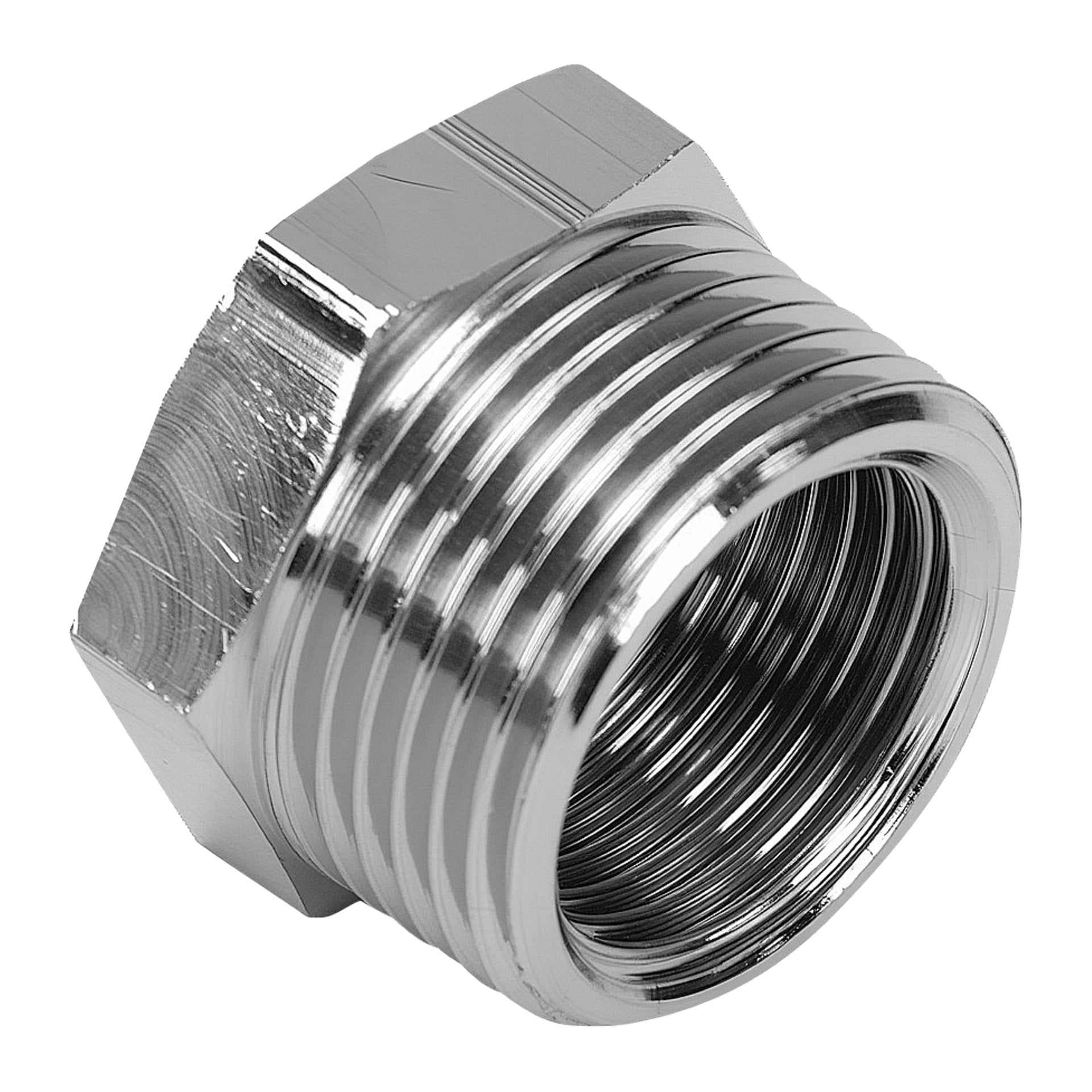 Närbild av en hexagonall metalladapter för rörkoppling med både interna och externa gängor för rördragning eller röranslutningar.