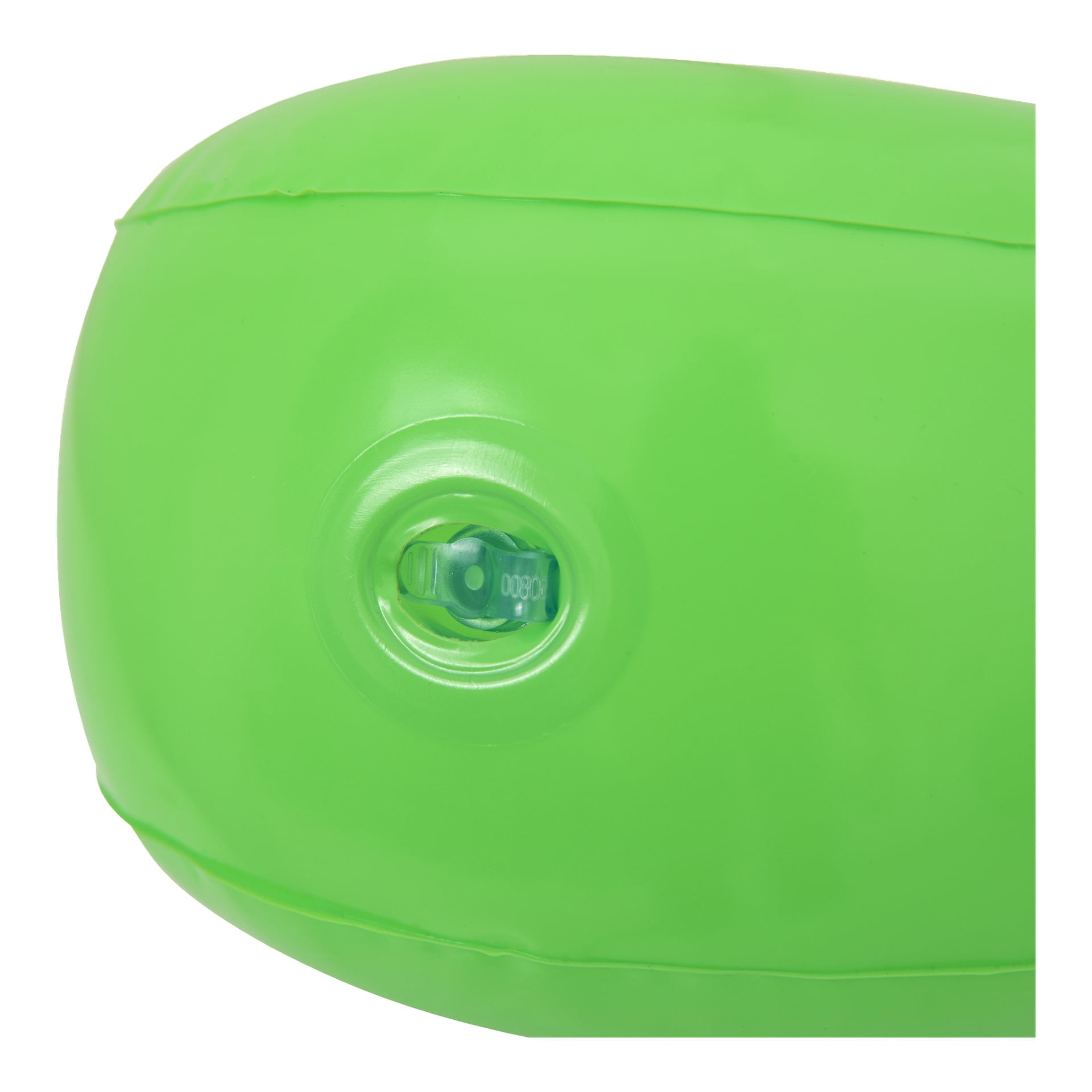 Detaljerad närbild av gröna Bestway armband som visar en klar plastventil designad för uppblåsning eller tömning. Bilden betonar den blanka, släta texturen, med fokus på sektionen runt ventilen.