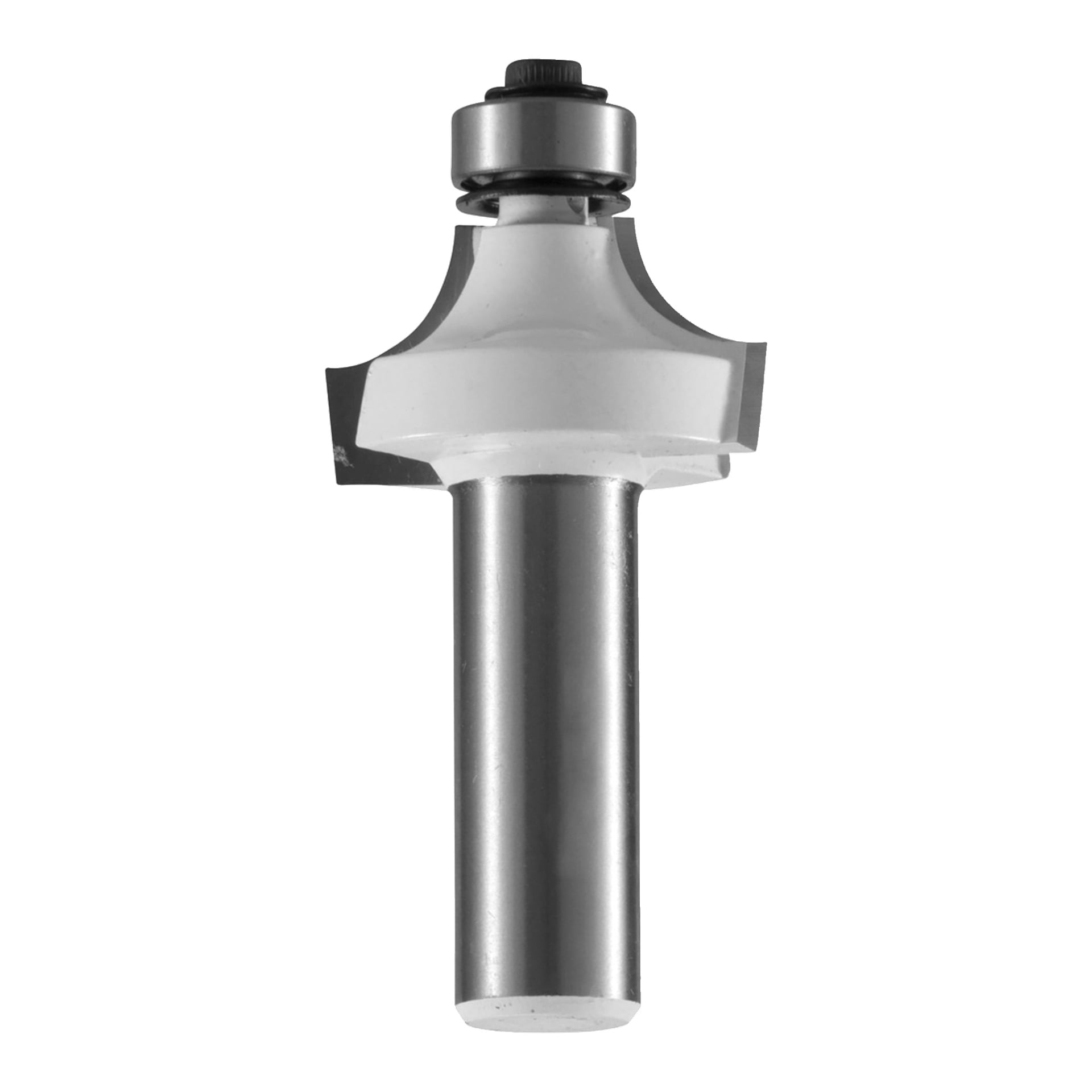 Närbild av en metallfräsbit med cylindrisk skaft, rundad skäregg och kullagerstyrning ovanpå.