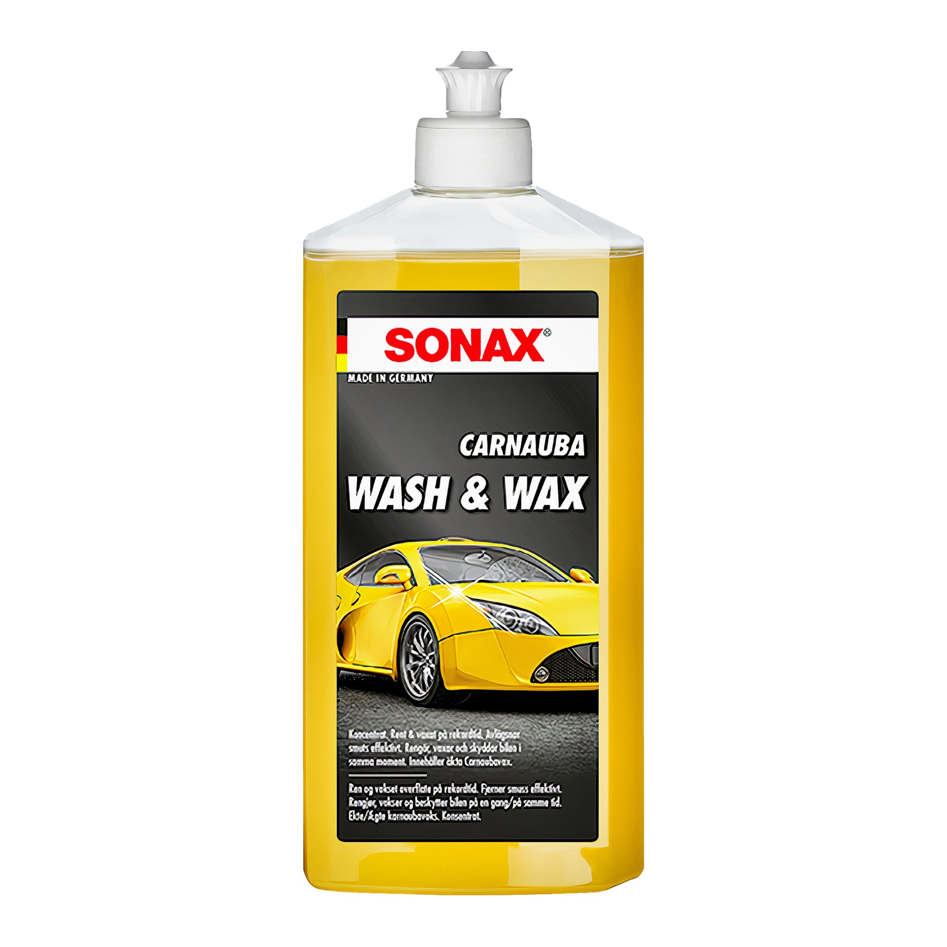 Muovipullo Sonax Wax -shampoota, joka sisältää keltaista nestettä, ja siinä on etiketti tekstillä CARNAUBA WASH & WAX sekä kuva keltaisesta urheiluautosta.