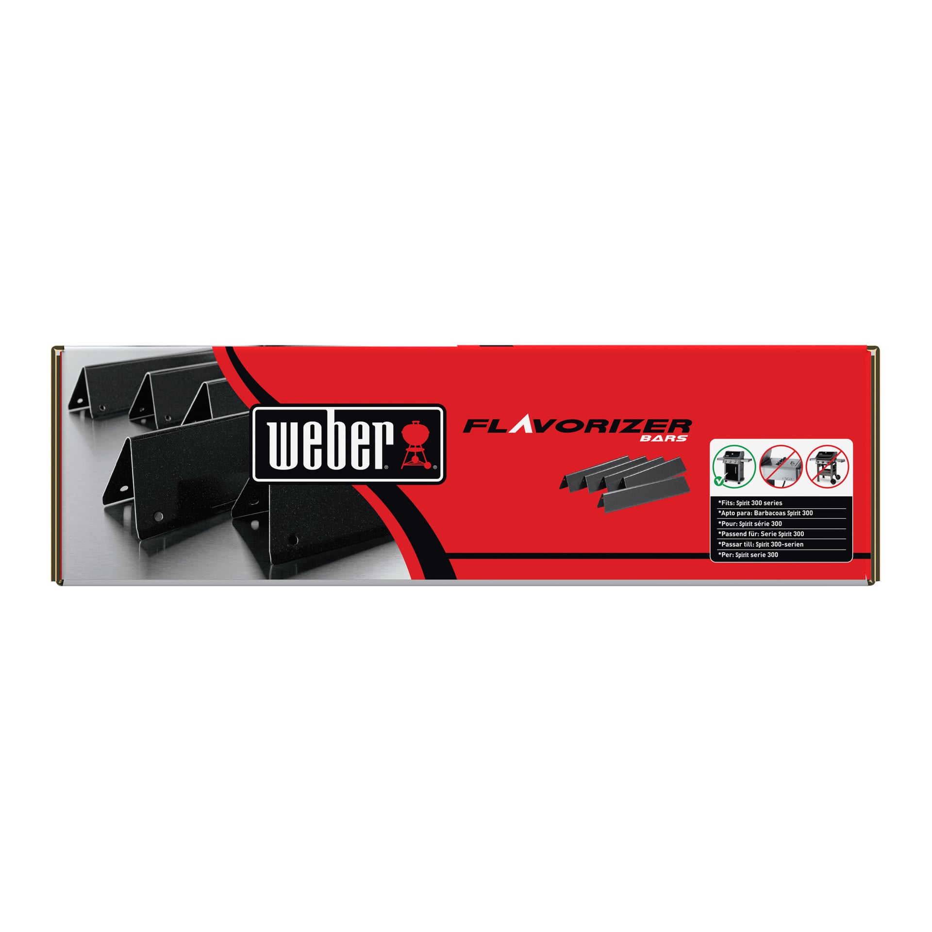 En rektangulær Weber-boks for Flavorizer bars 7636 har merkelogoen, fem svarte metallbarer, grillkompatibilitetsinformasjon og illustrasjoner.