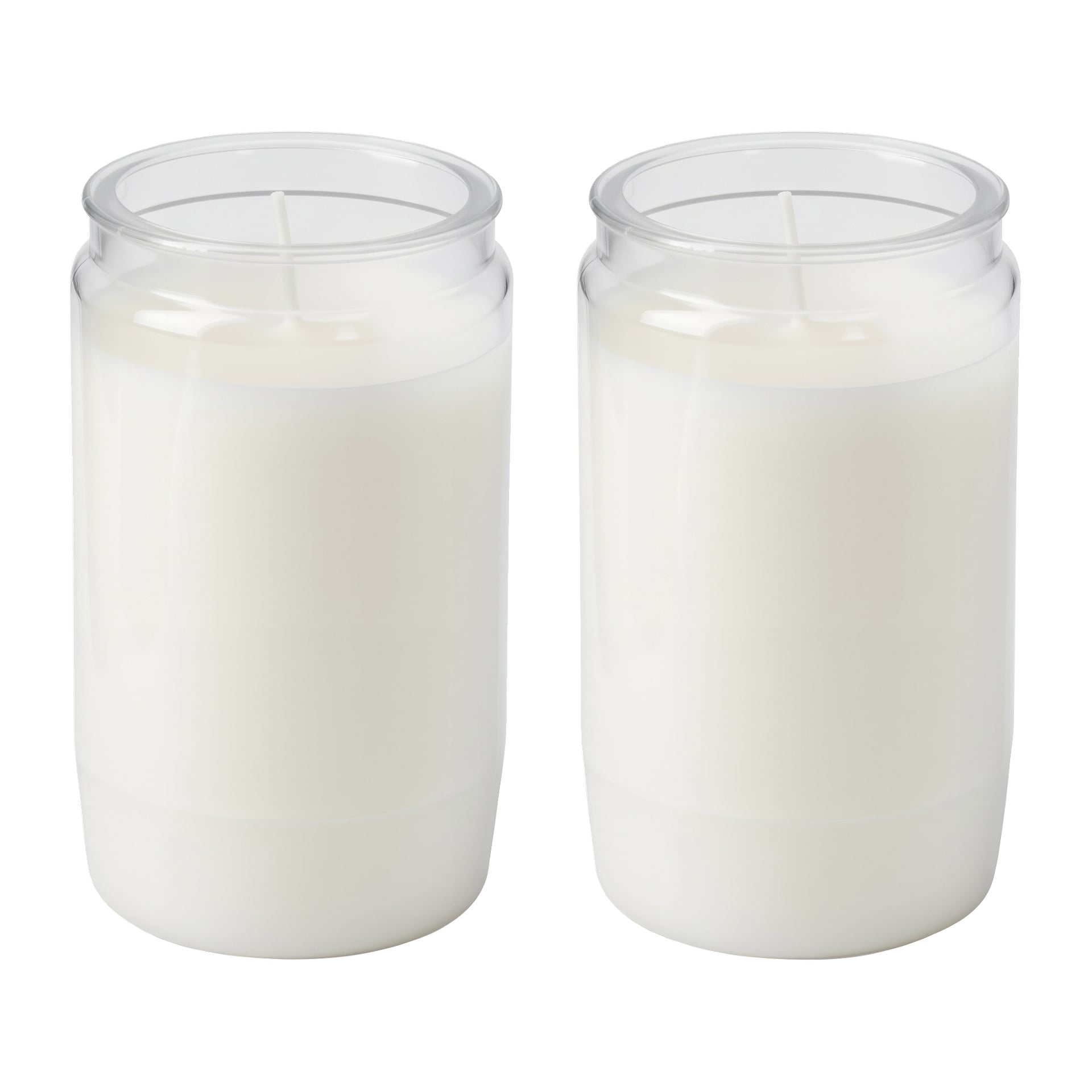 To klare glasskrukker formet som brusbokser, fylt med hvit voks og en enkelt veke, står side om side.