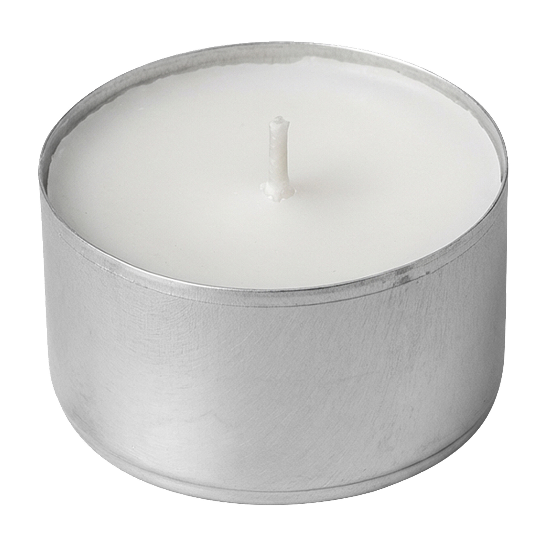 Nieużywana biała świeca herbaciana stoi w małym, okrągłym srebrnym pojemniku. Knot stoi prosto w środku.