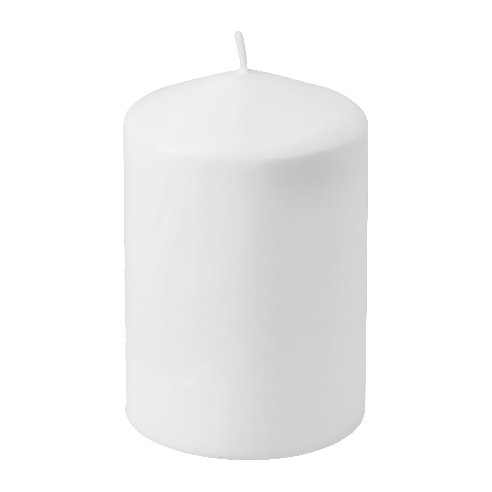 Ett enkelt, vitt cylindriskt pelarljus står upprätt med en oanvänd veke synlig på toppen.