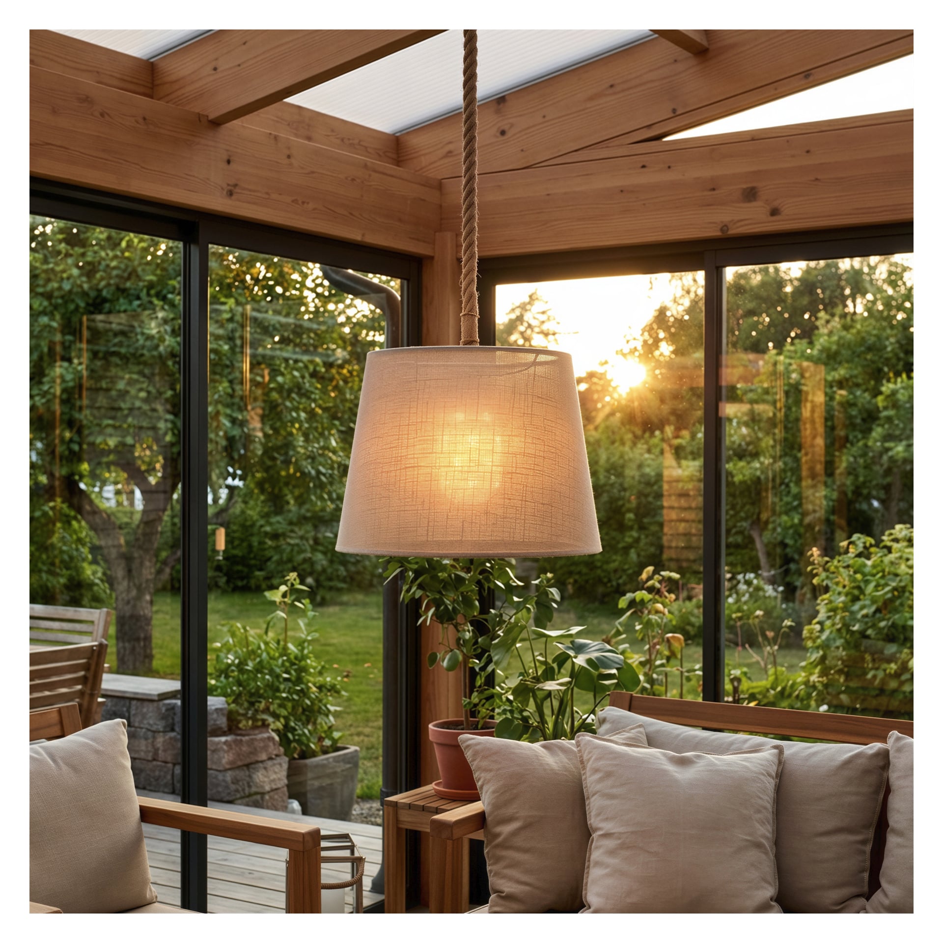 Eine beige Pendellampe hängt in einem Wintergarten mit großen Fenstern, Holzrahmen, laubreichen Ausblicken, gepolsterten Sitzen und Topfpflanzen.