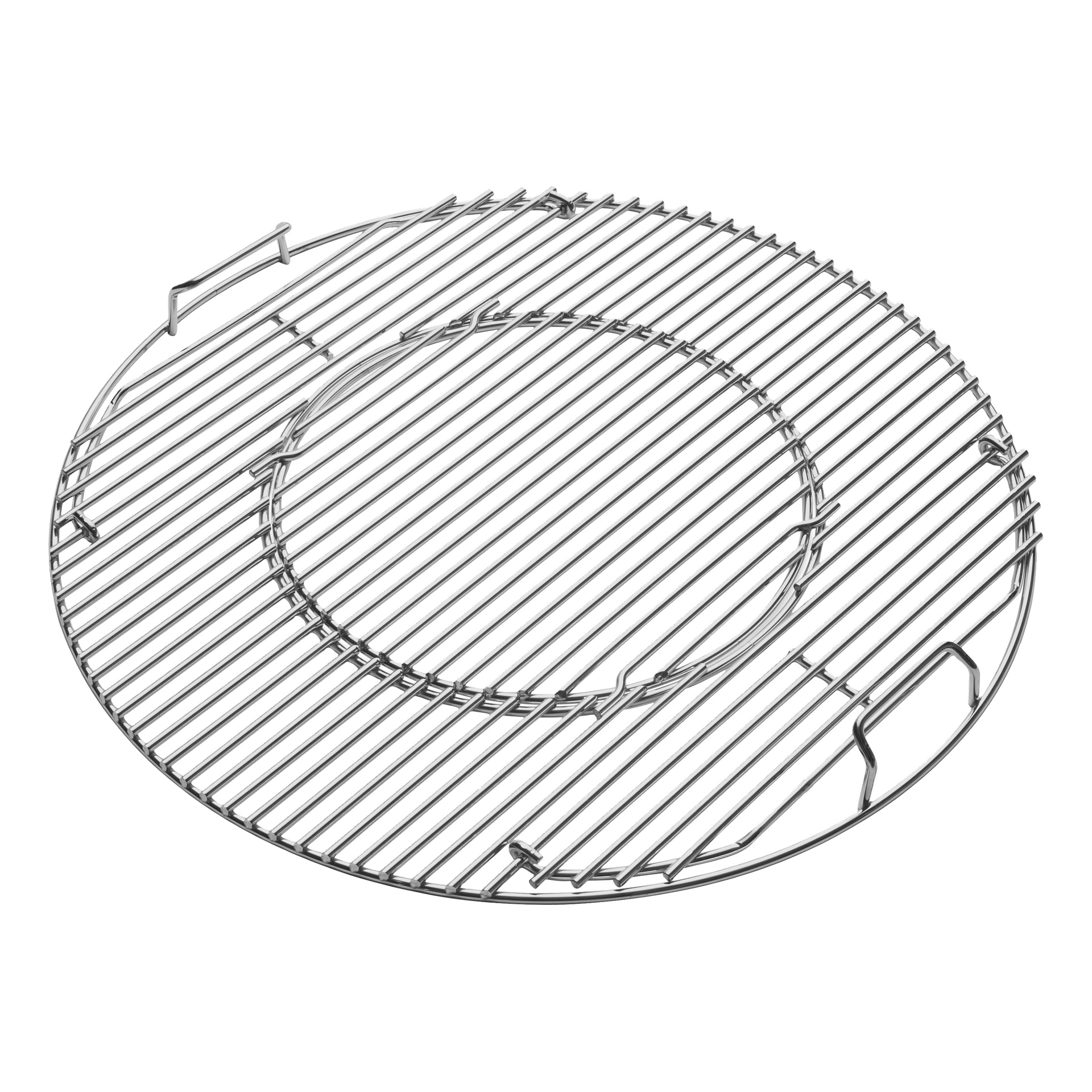 Rund metallgrillställning med parallella stänger och avtagbar cirkulär mitt, gjord för grillar eller grytgrillar.