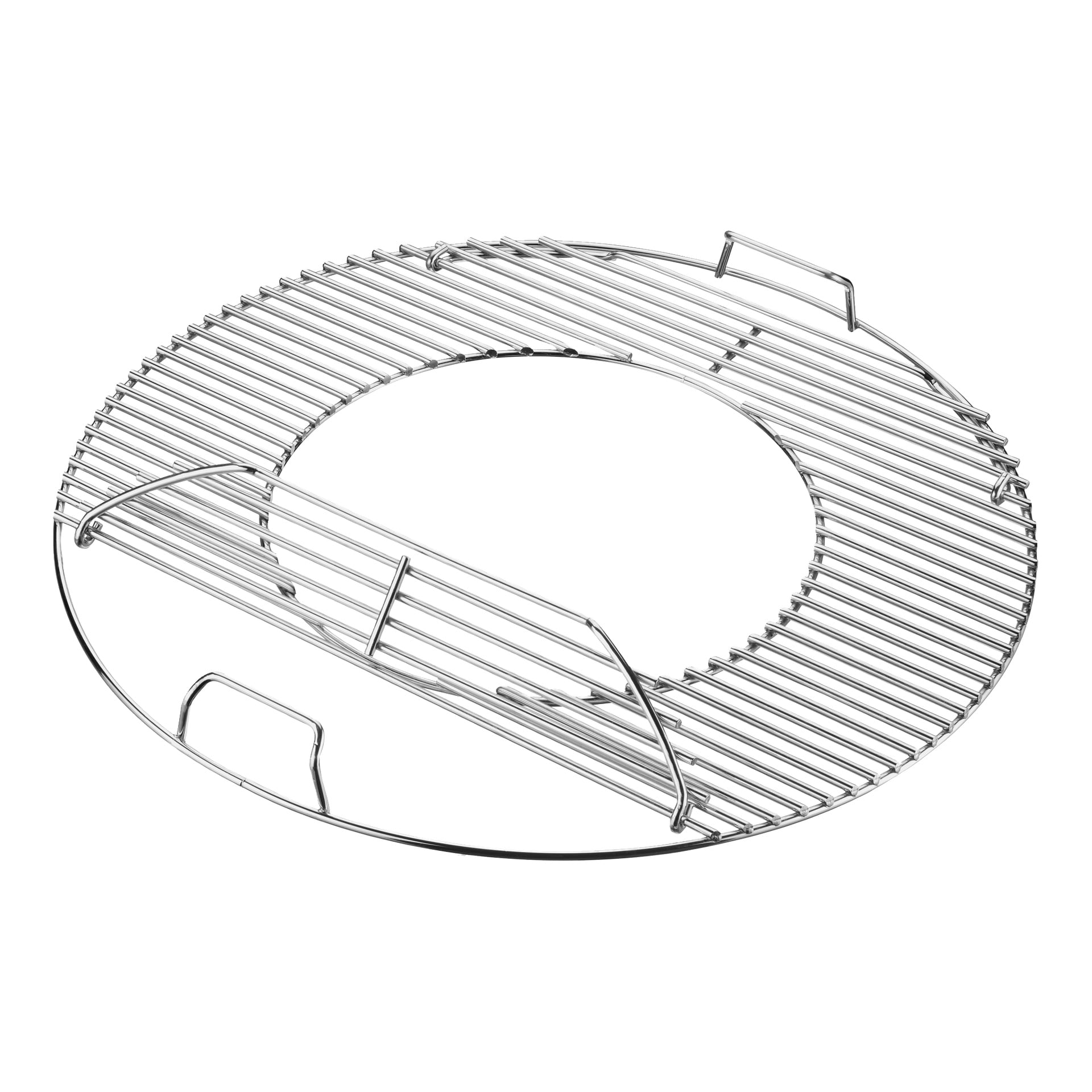 Runt metallgaller med gångjärnssida och öppen mitt, avsedd för grillar eller grillar. Modell: Kettle Grill 8835.