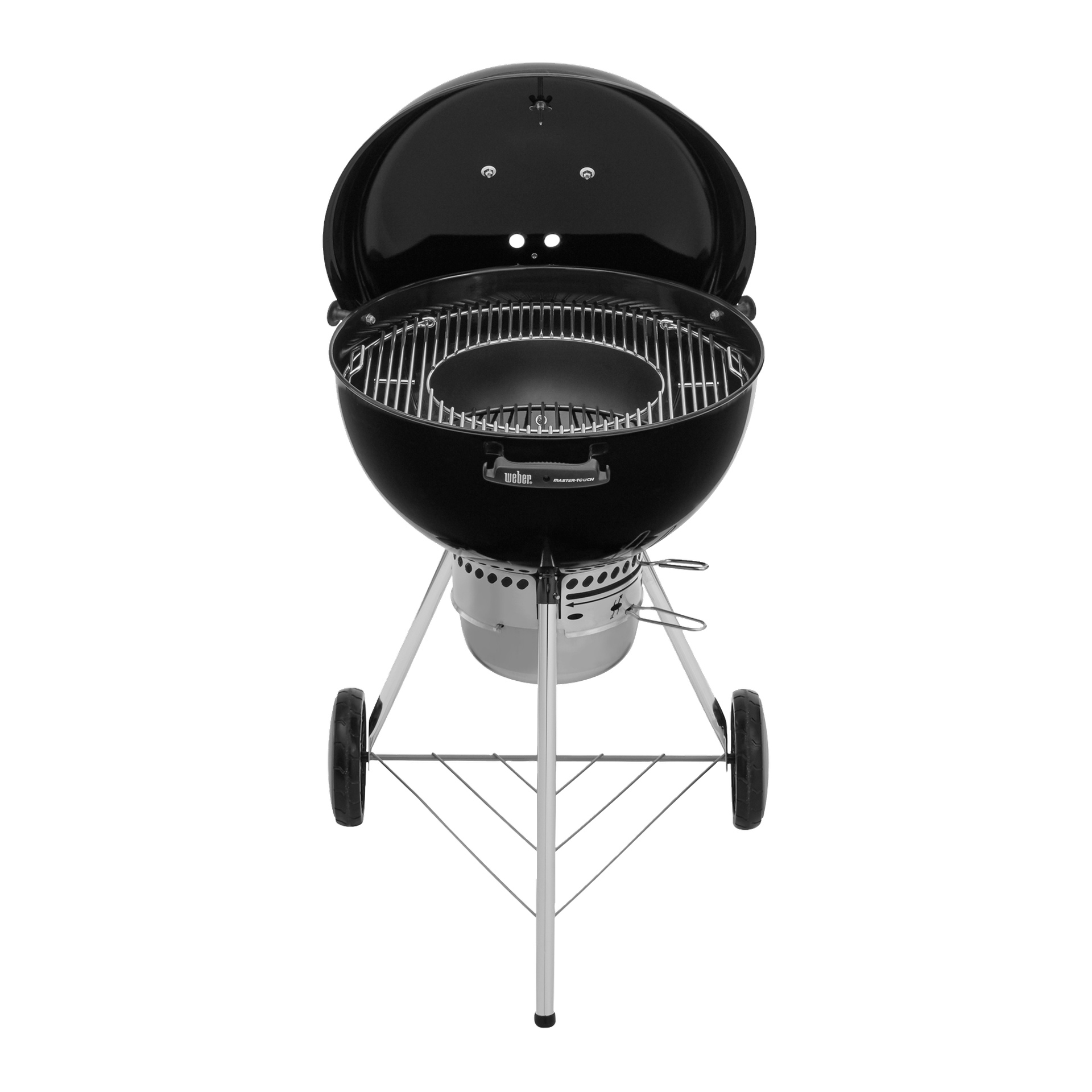 Svart rund kittelgrill 8835 med kupolformad lock, rostfritt galler, askfångare, två hjul och två metallben, framifrån.