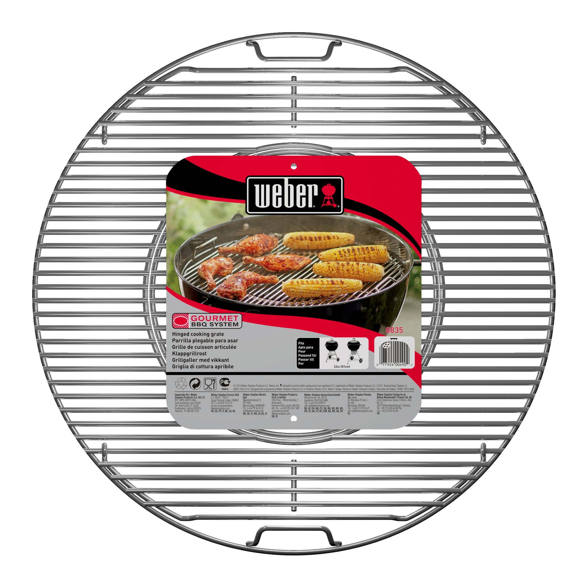 Rund grillgaller för vattenkokgrill 8835, röd etikett med bilder på grillat kött och majs, Weber-logotyp högst upp, avtagbar mitt.