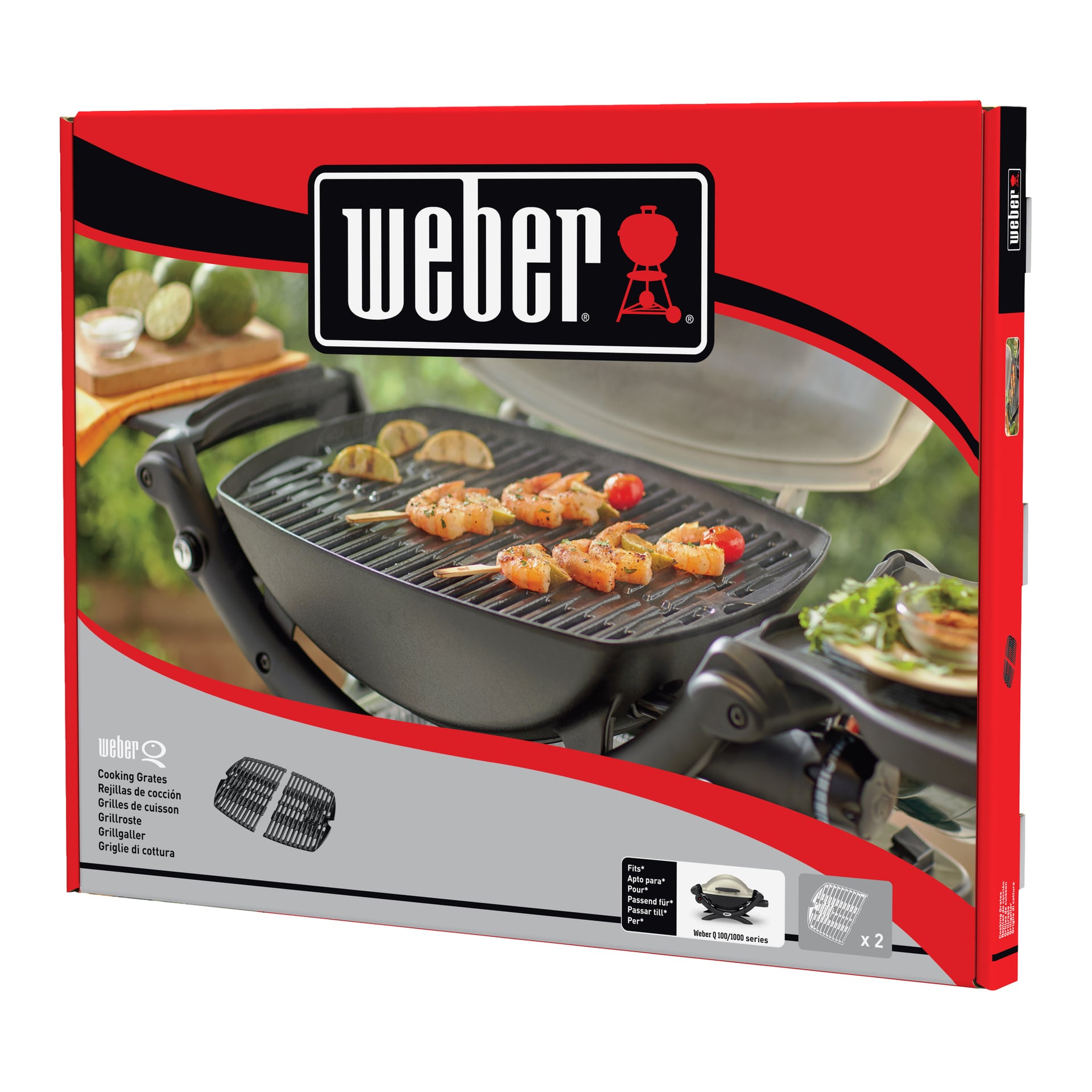 Czerwone pudełko Webera pokazuje Grill rack, grill gazowy 7644, krewetki i warzywa na grillu serii Q oraz informacje o produkcie.