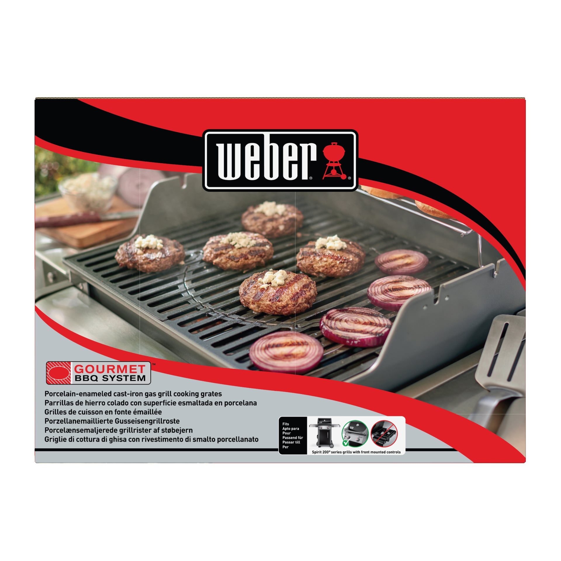 Sześć burgerowych kotletów i pokrojona czerwona cebula grillowana na grillu gazowym Weber 8846; Żeliwna kratka wyświetla logo i detale z bliska.