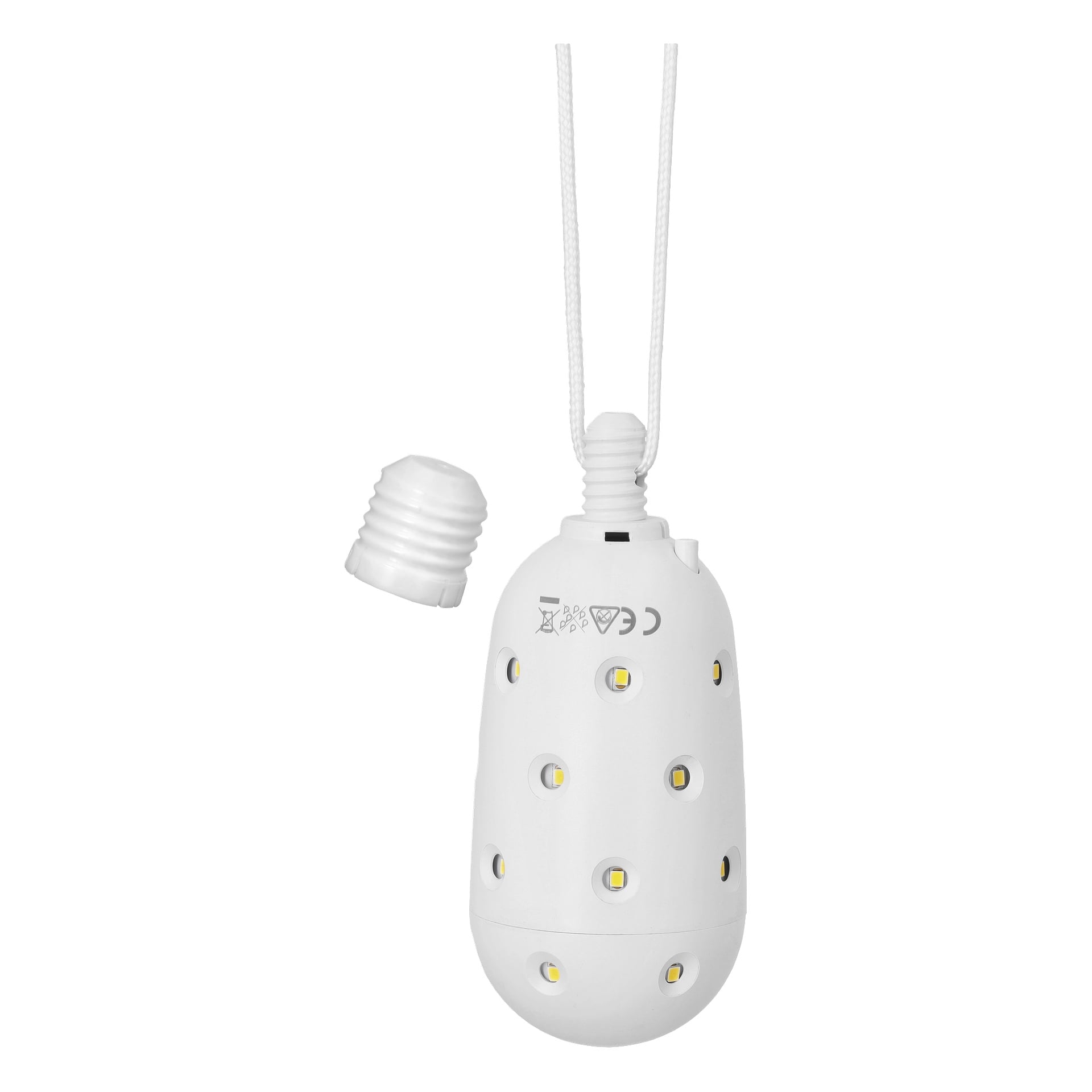 Ein eiförmiges weißes Gerät mit LED-Lichtern und runden Löchern hängt an einer Schnur, dessen gerippte Kappe abgenommen und in der Nähe platziert ist.
