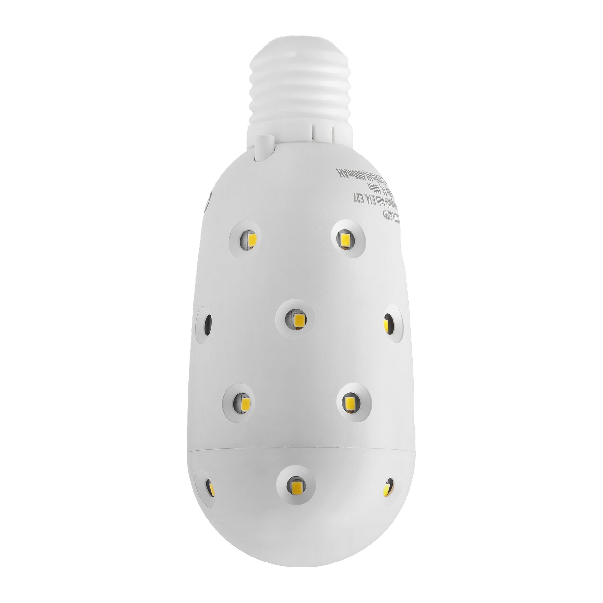 Weiße, eiförmige LED-Glühbirne mit einem Schraubboden und mehreren kleinen gelben LEDs auf der Oberfläche.