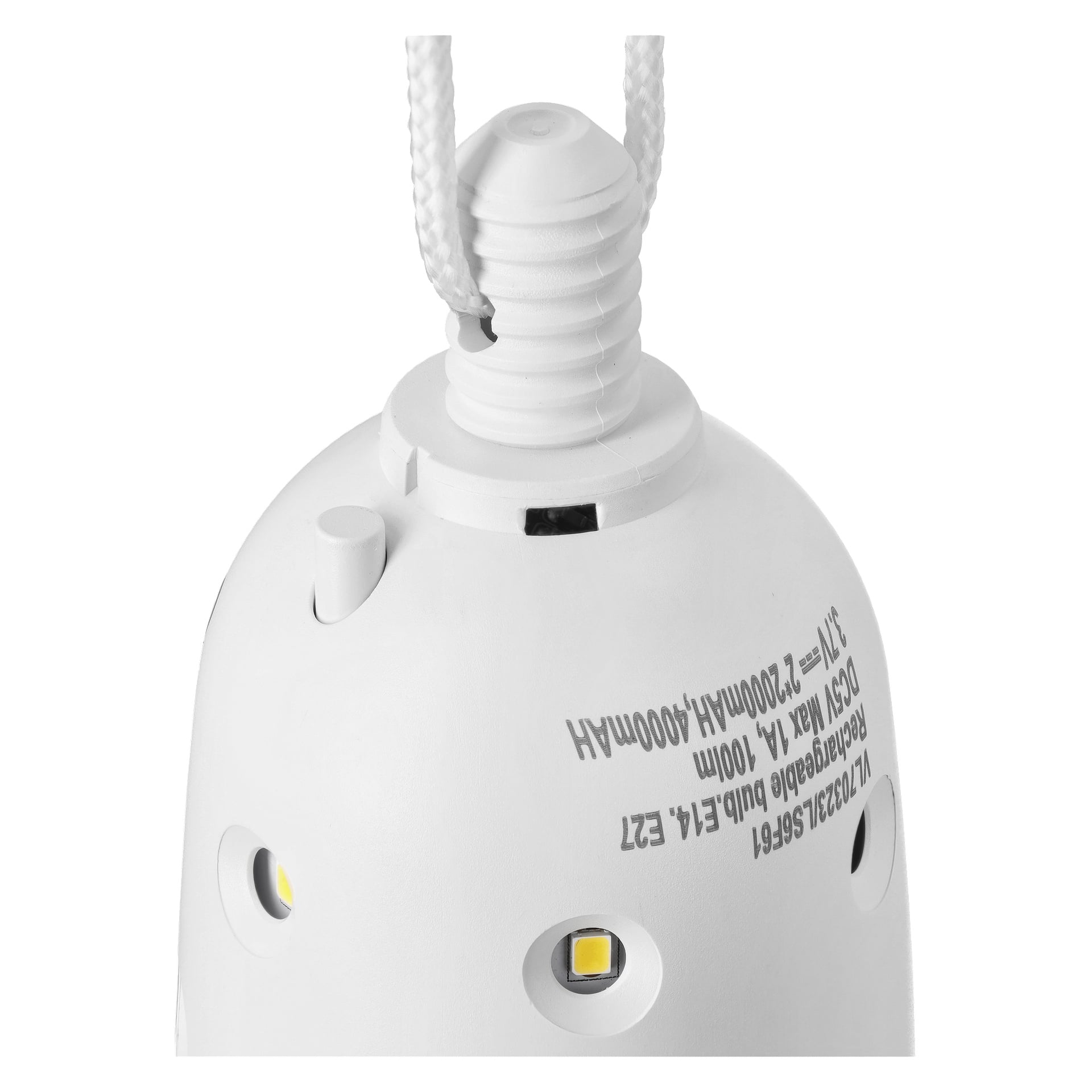 Nahaufnahme einer weißen Deckenleuchte mit Zugschnur, sichtbarer Glühbirnenfassung, LED-Lichtern und gedruckten technischen Details.