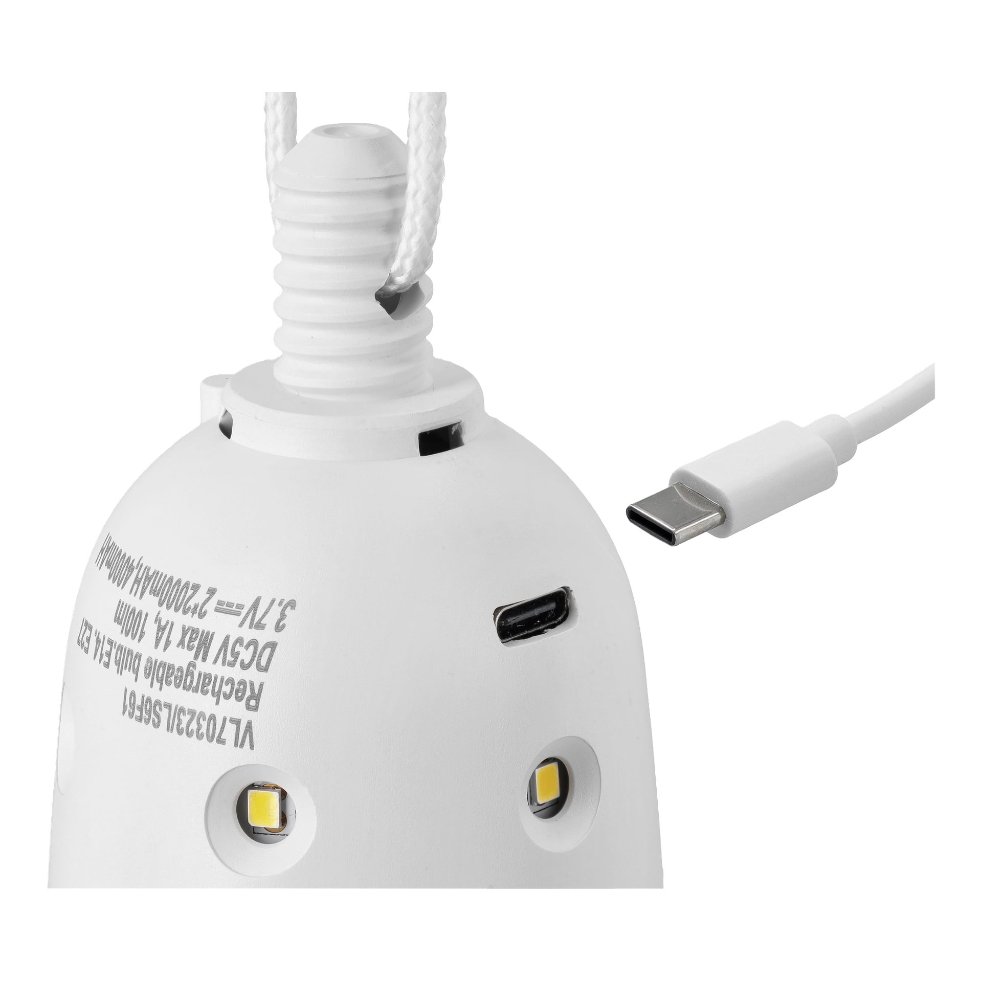 Nahaufnahme einer weißen tragbaren Lampe mit USB-C-Ladeanschluss und Kabel, hängendem Kabel und LEDs um die Sockel herum.