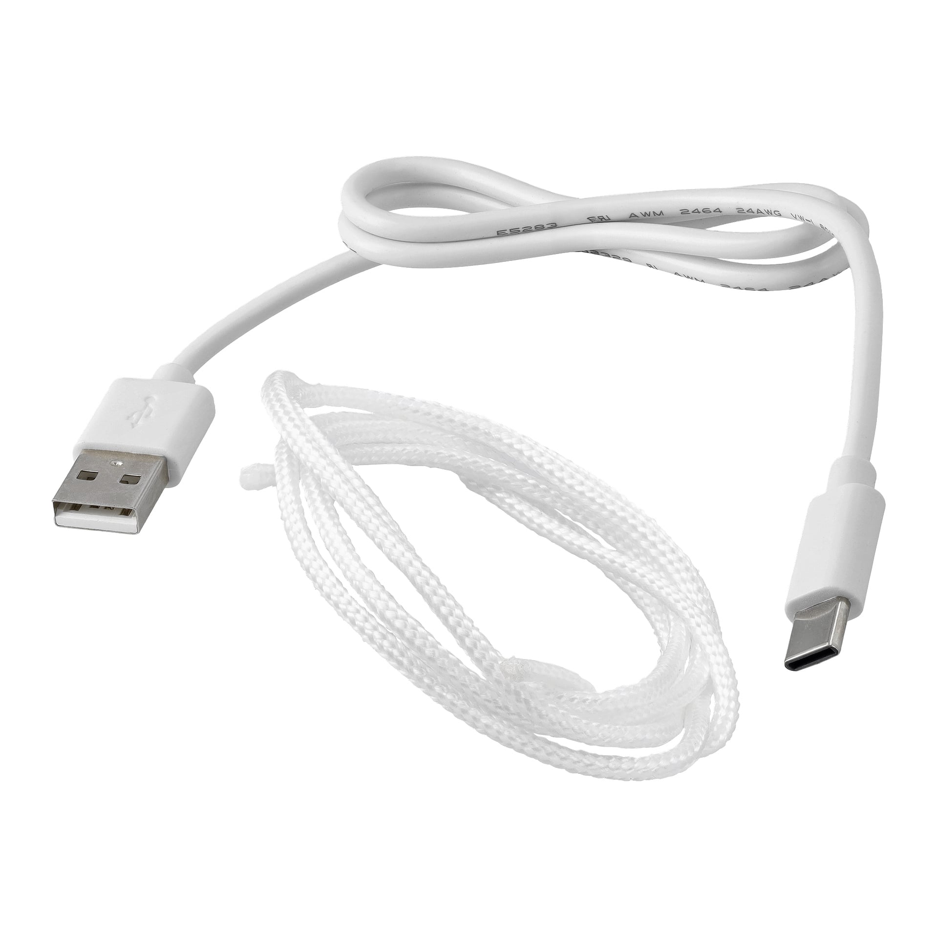 Ein aufgewickeltes, geflochtenes weißes USB-A-zu-USB-C-Kabel mit Standardsteckern an jedem Ende.