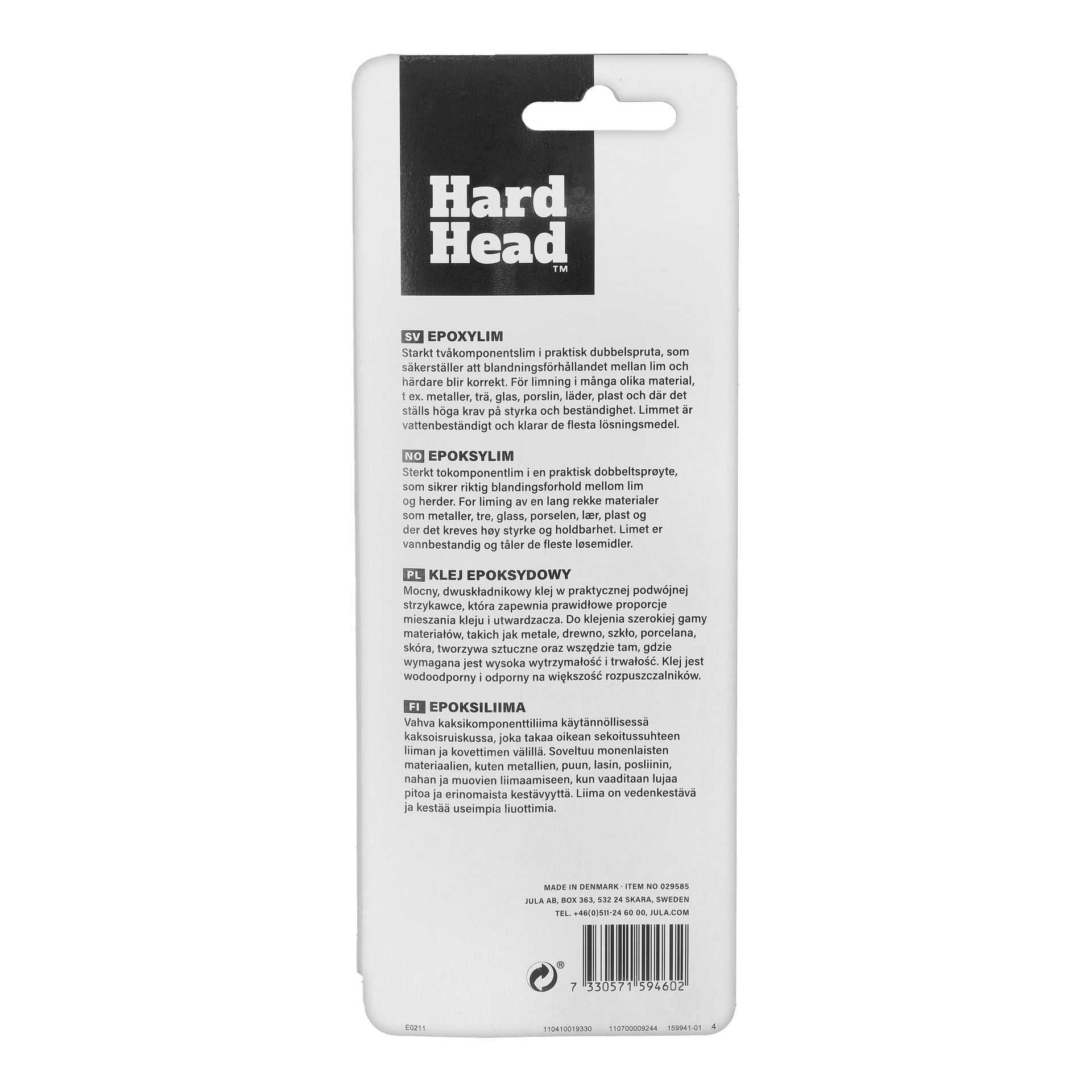 Baksidan av ett Hard Head epoxilimpaket visar produktinformation, användningsanvisningar och beskrivningar i svart text.