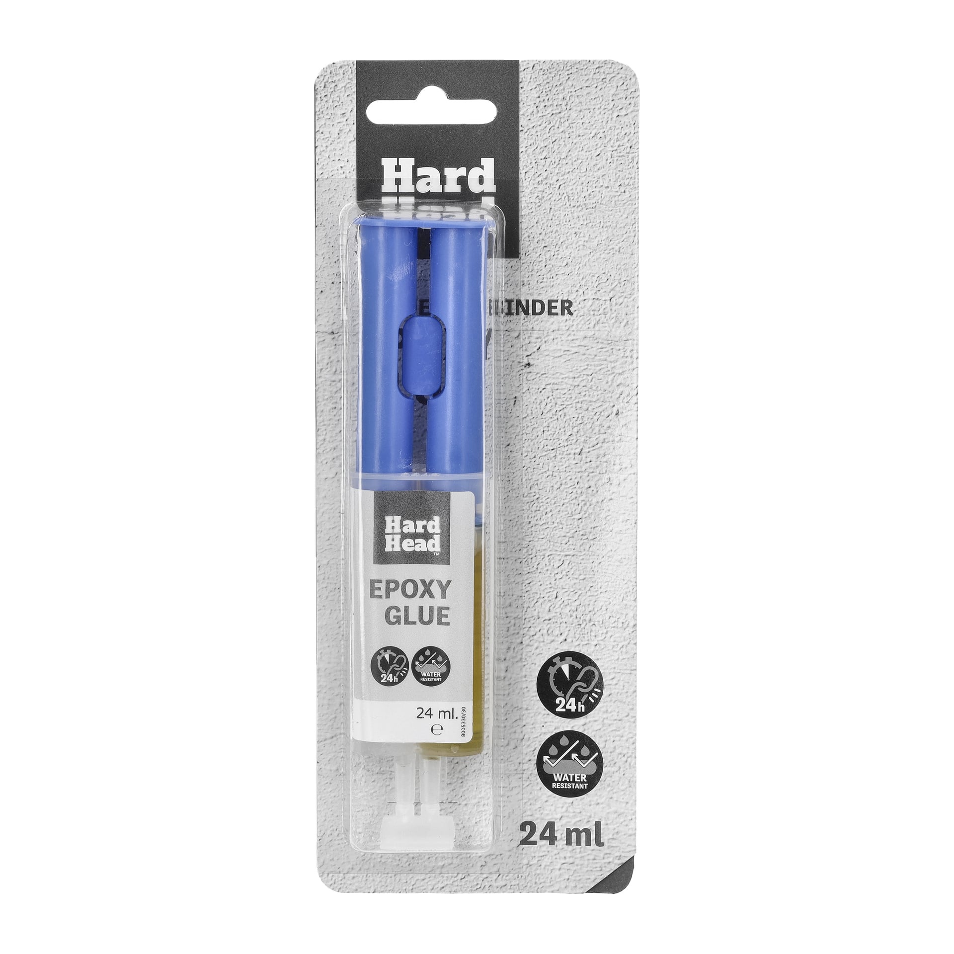 Ett 24 ml dubbelspruta Hard Head Epoxy Glue med blå lock i plast- och kartongförpackning, märkt vattenavvisande, stelnar på 24 timmar.