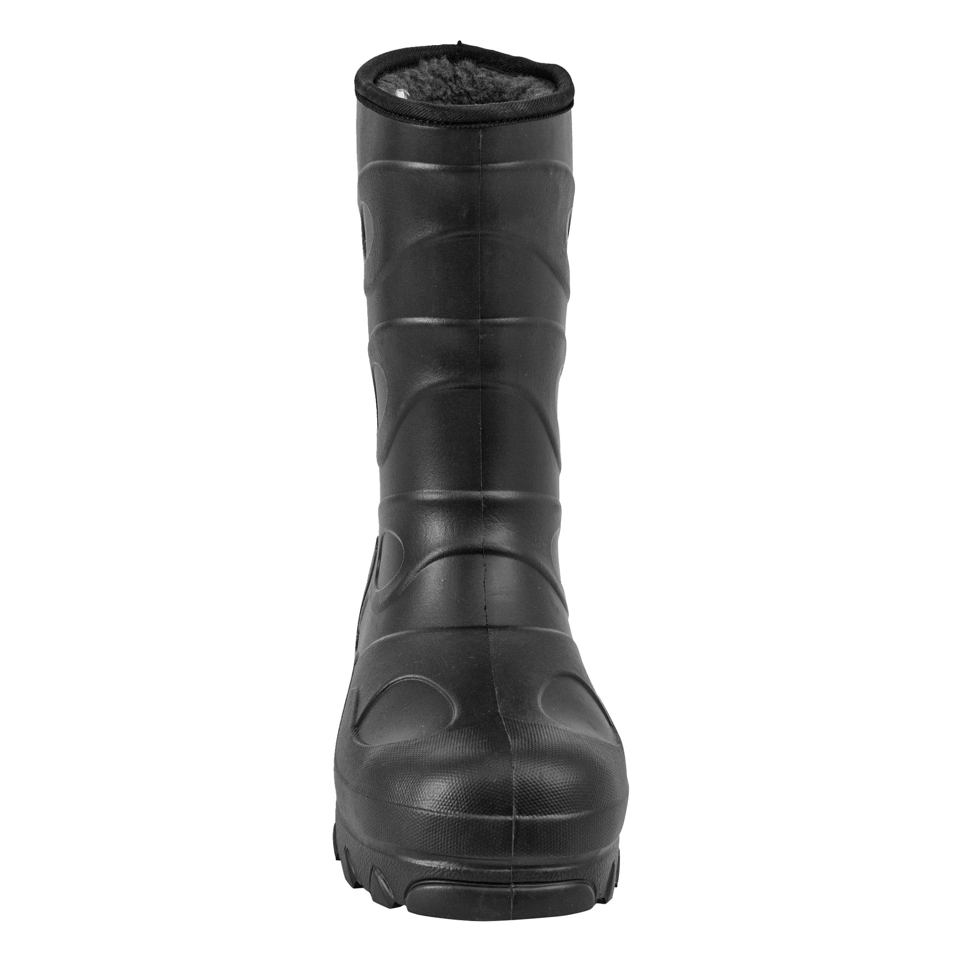 Et par Kayoba Outdoor Warm Lined Rubber Boots vises forfra, og fremhever deres svarte gummiytre med teksturerte detaljer og en tykk såle. Det varme, myke fôret kan sees øverst på hver støvel.