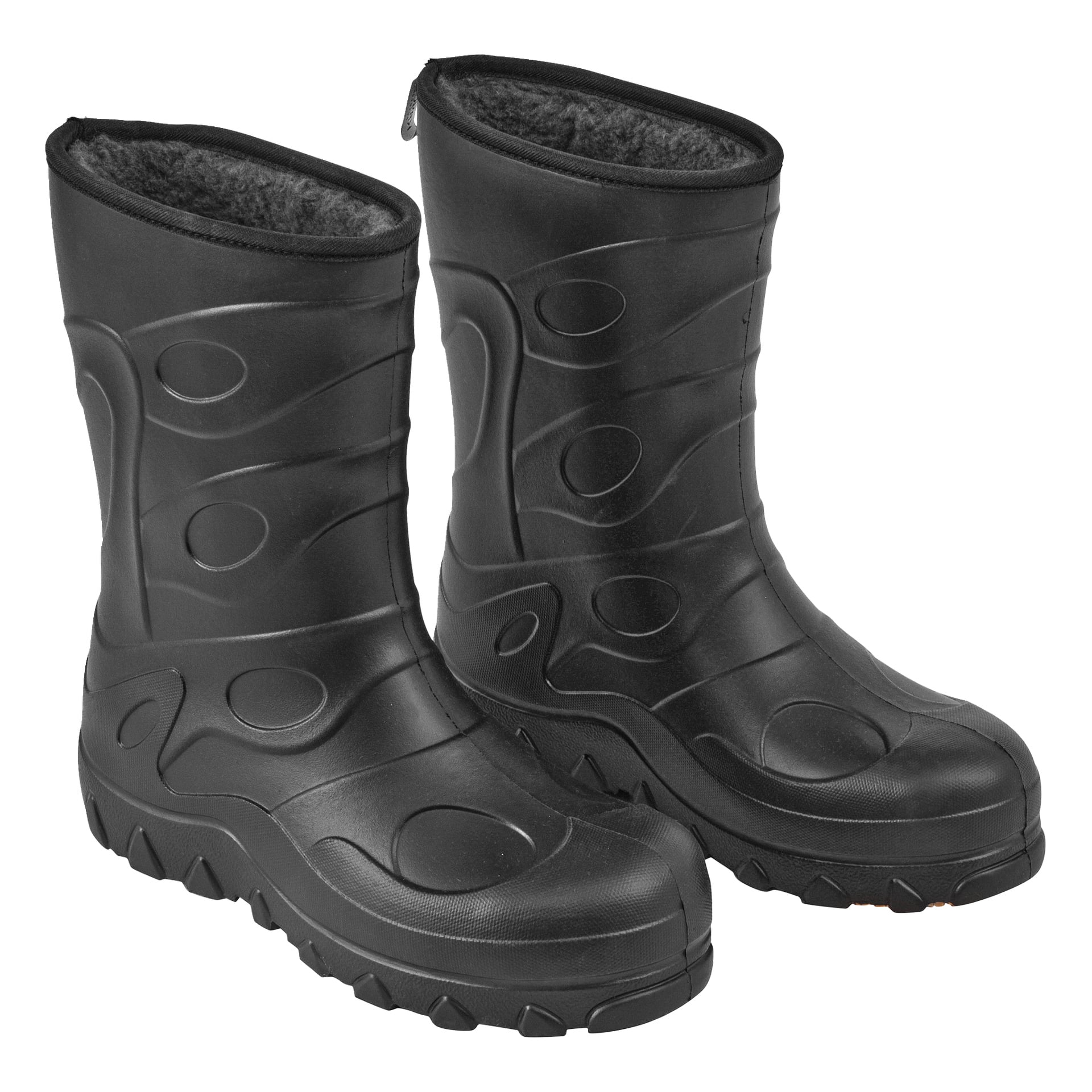 Et par Kayoba Outdoor Warm Lined Rubber Boots med tykke såler og sirkulære abstrakte design. Disse svarte støvlene er isolert for bruk i våte eller kalde forhold.