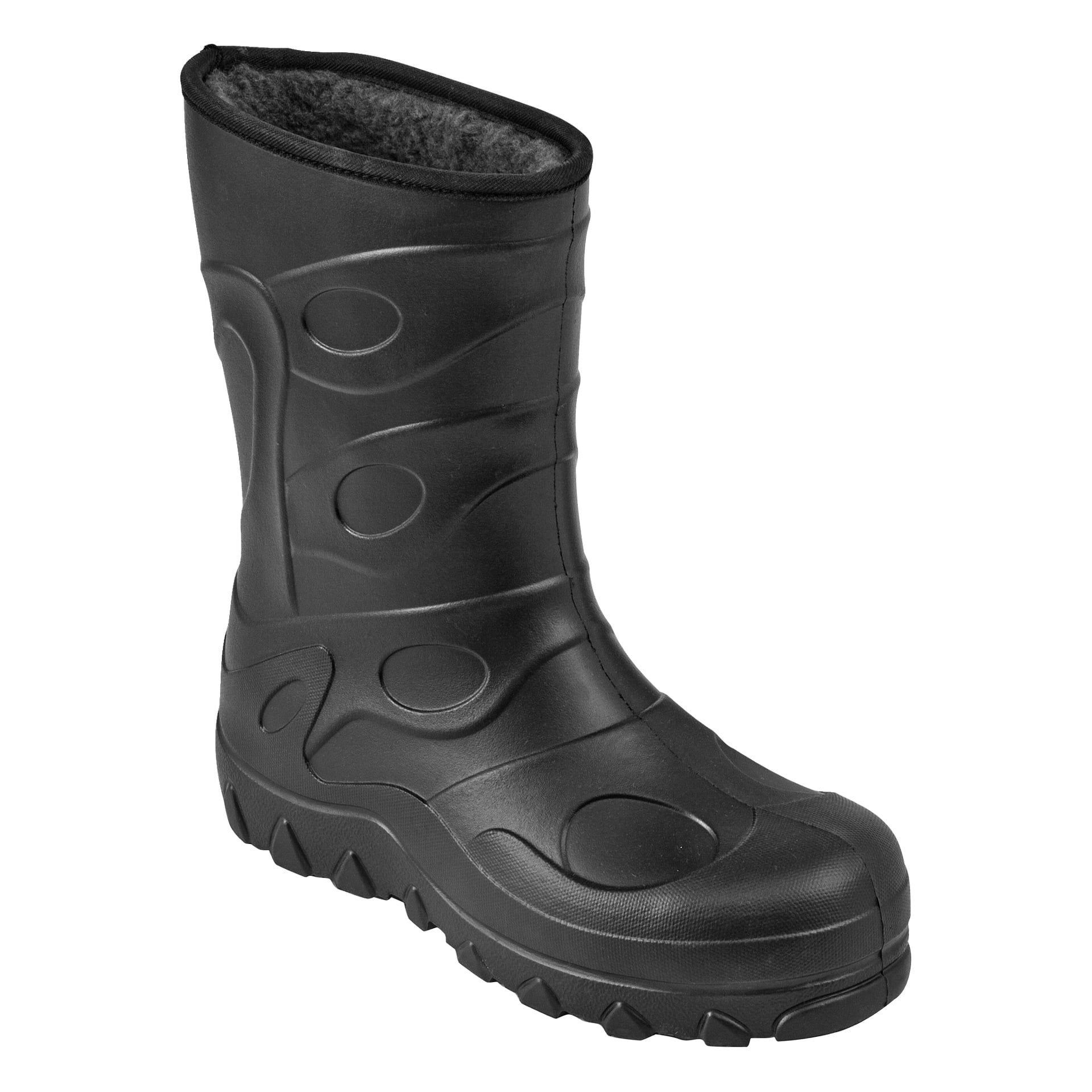 En enkelt svart Kayoba Outdoor Warm-foret gummistøvel vises, som fremhever den teksturerte sålen og de sirkulære sidemønstrene. Innsiden er foret med mykt, mørkegrått stoff for ekstra varme.