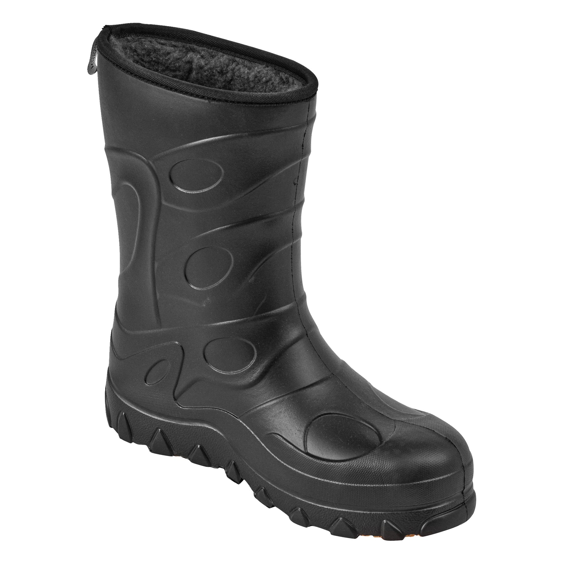 Kayoba Outdoor Warm Lined Rubber Boots er svarte med et teksturert mønster og tykke, robuste såler. De har isolert fôr og et høyt skaft for ekstra beskyttelse, noe som gjør dem ideelle for å holde føttene varme og tørre i kaldt eller vått vær.