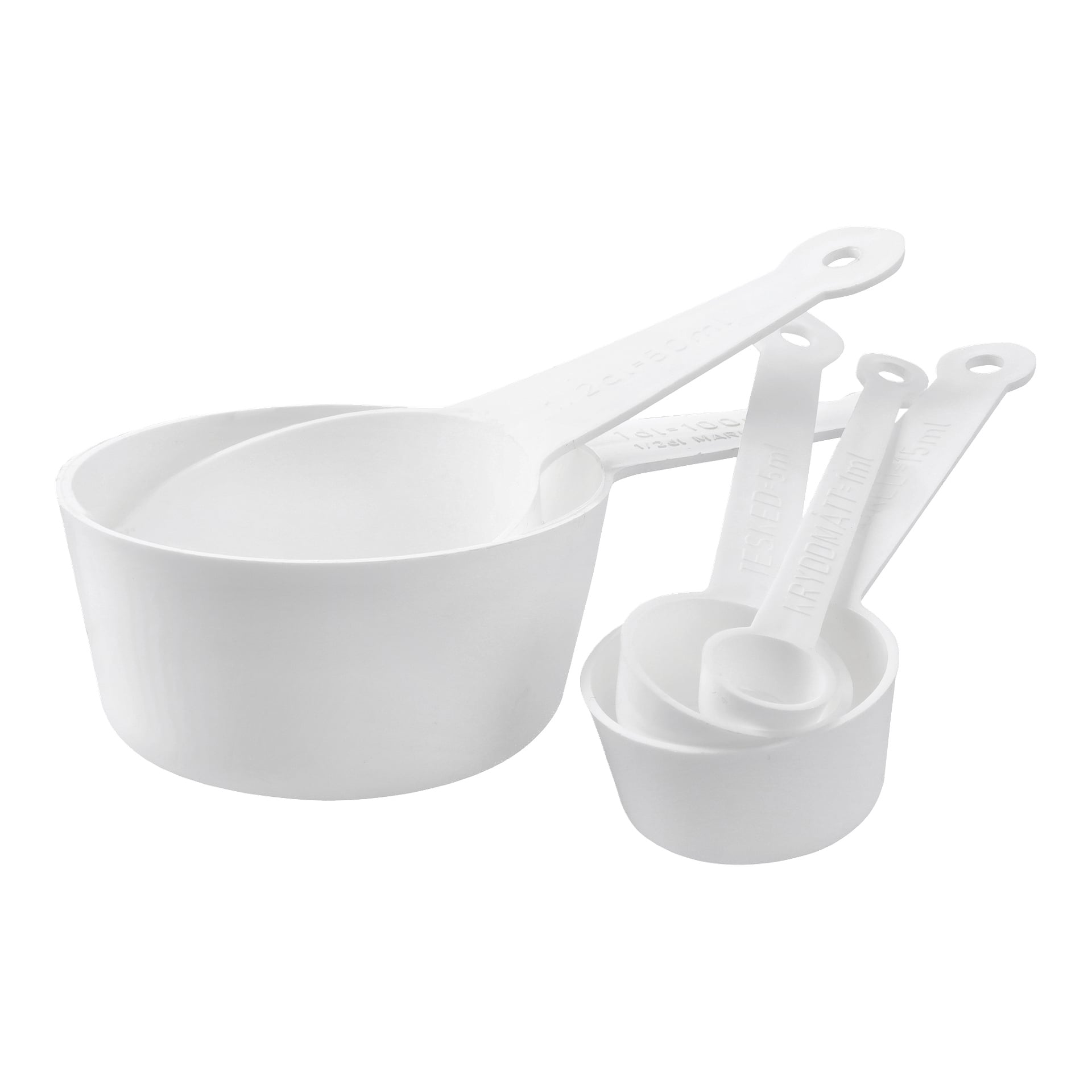 Ett nästlatat set med vita plastmåttkoppar och skedar i olika storlekar, var och en med ett handtag och märkta måttmarkeringar.