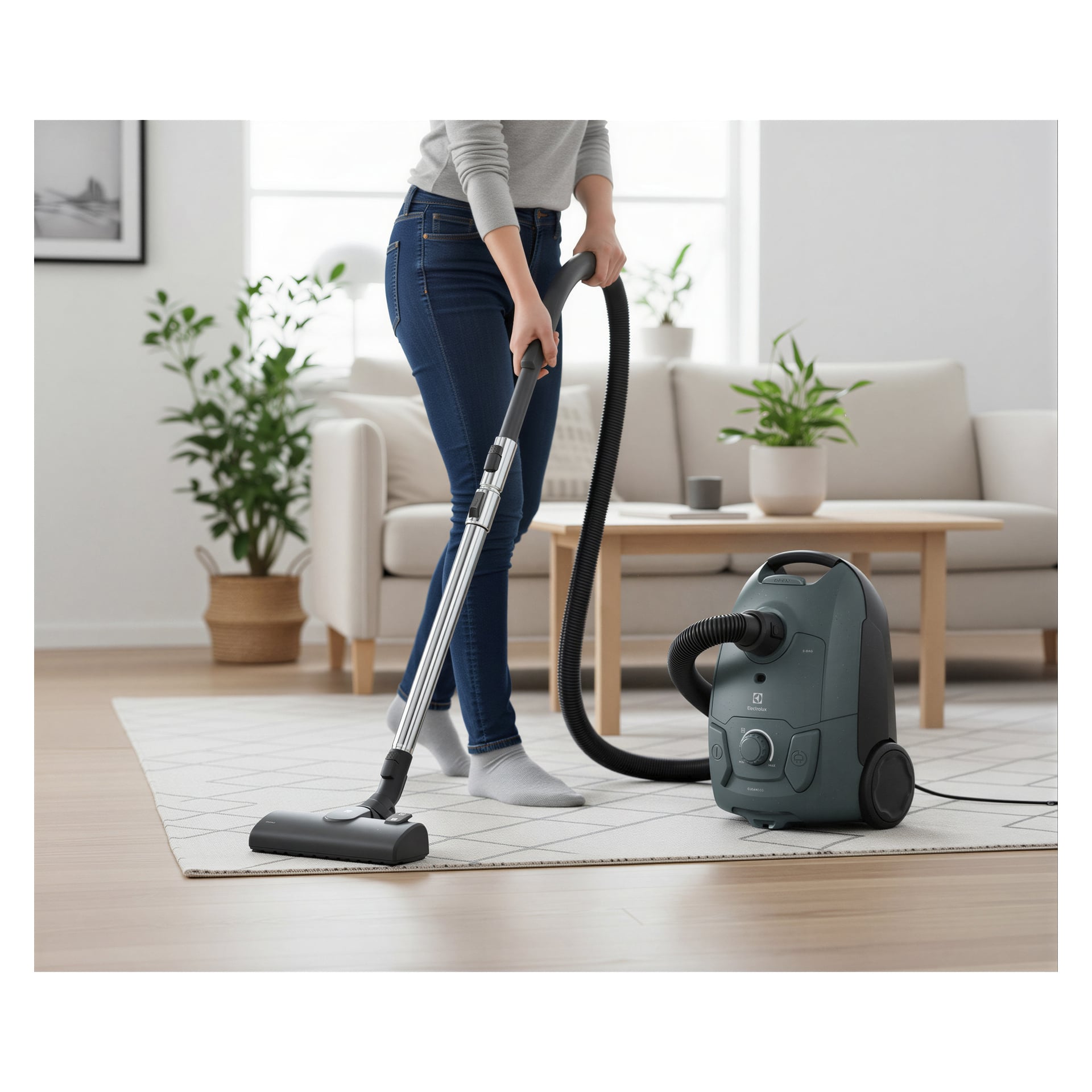 Iklädd en grå tröja och jeans dammsuger en person en blek matta i ett vardagsrum med soffa, soffbord, växt och trägolv.