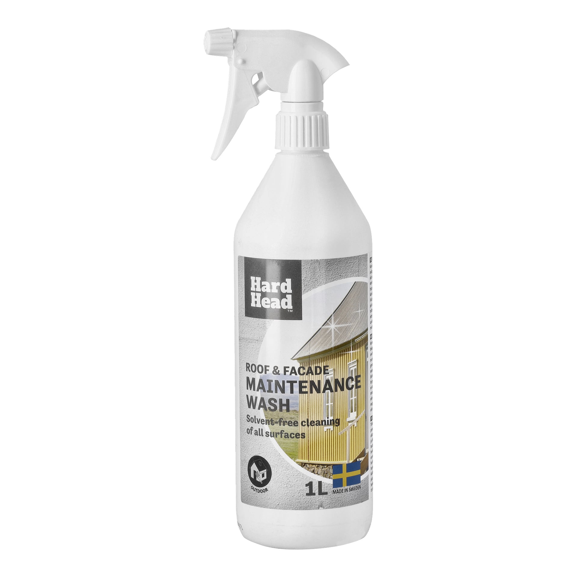 Vit sprayflaska märkt Hard Head Roof & Facade Maintenance Wash med gul husbild; lösningsmedelsfritt, 1 liter, tillverkat i Sverige.