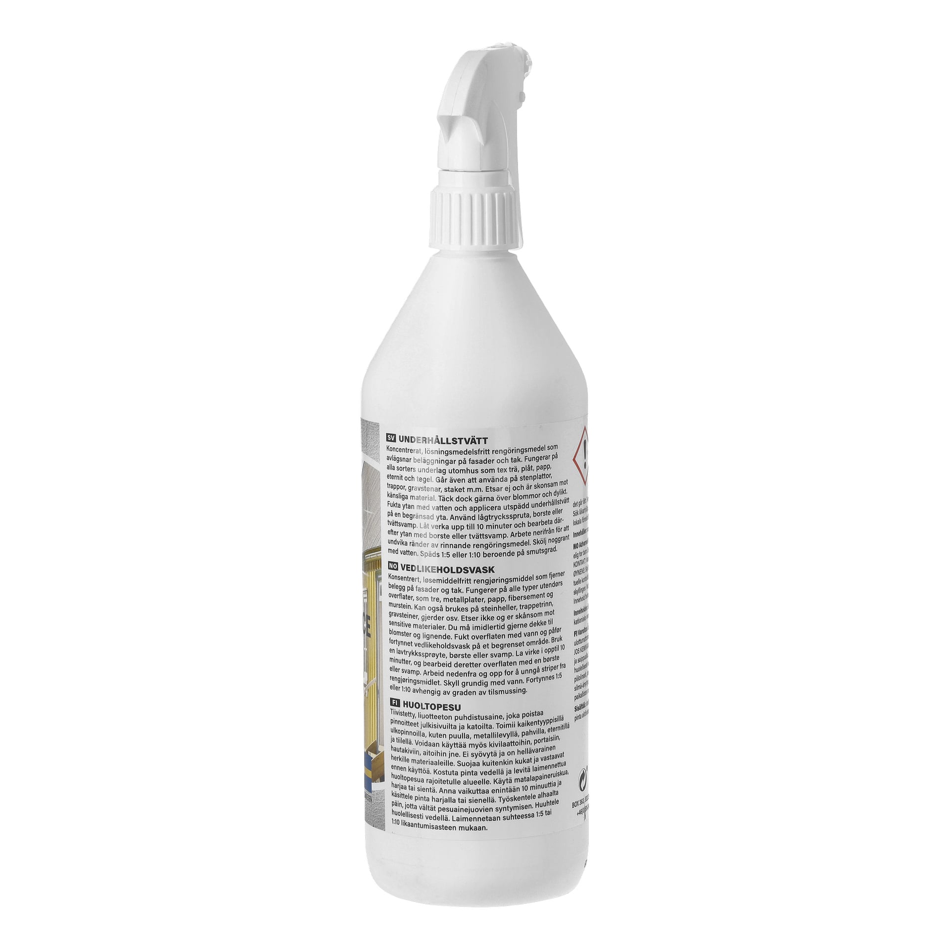 En vit plastsprayflaska med textinstruktioner och säkerhetsdetaljer på etiketten. Munstycket är vinklat något åt höger.