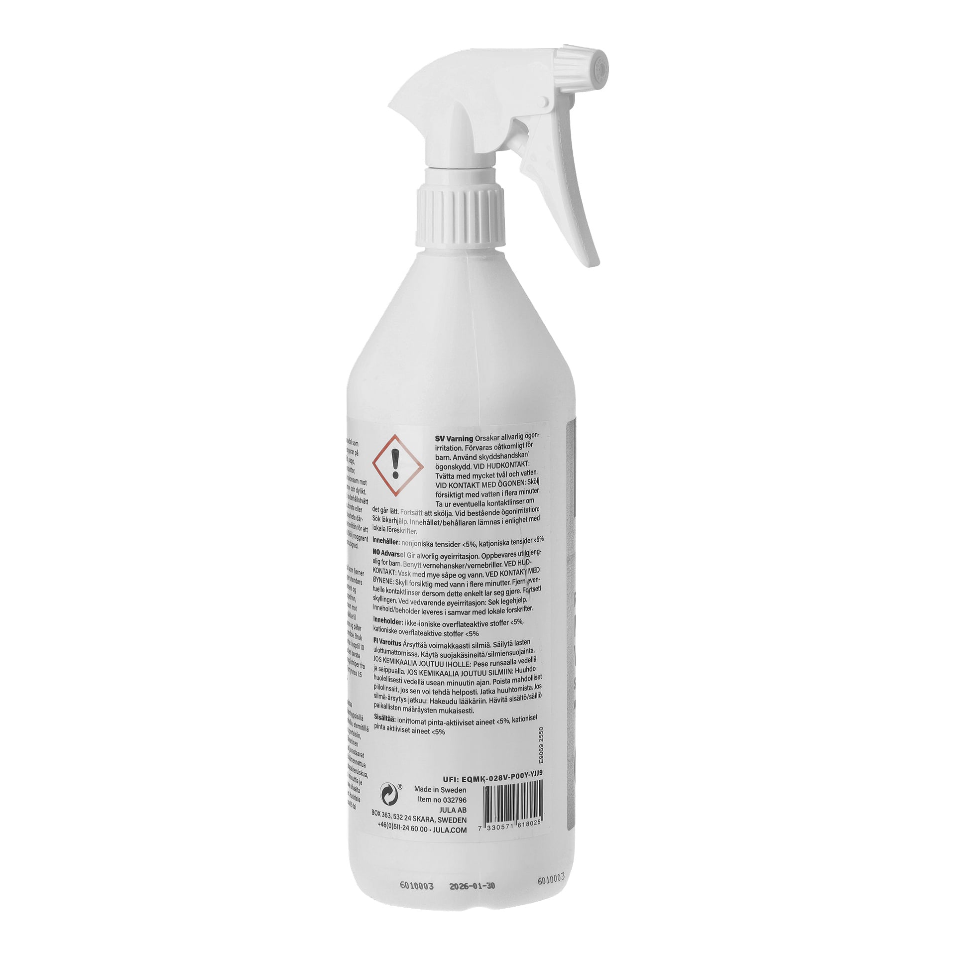 En vit sprayflaska med ett utlösarmunstycke, som visar en varningssymbol och säkerhetsdetaljer på etiketten.