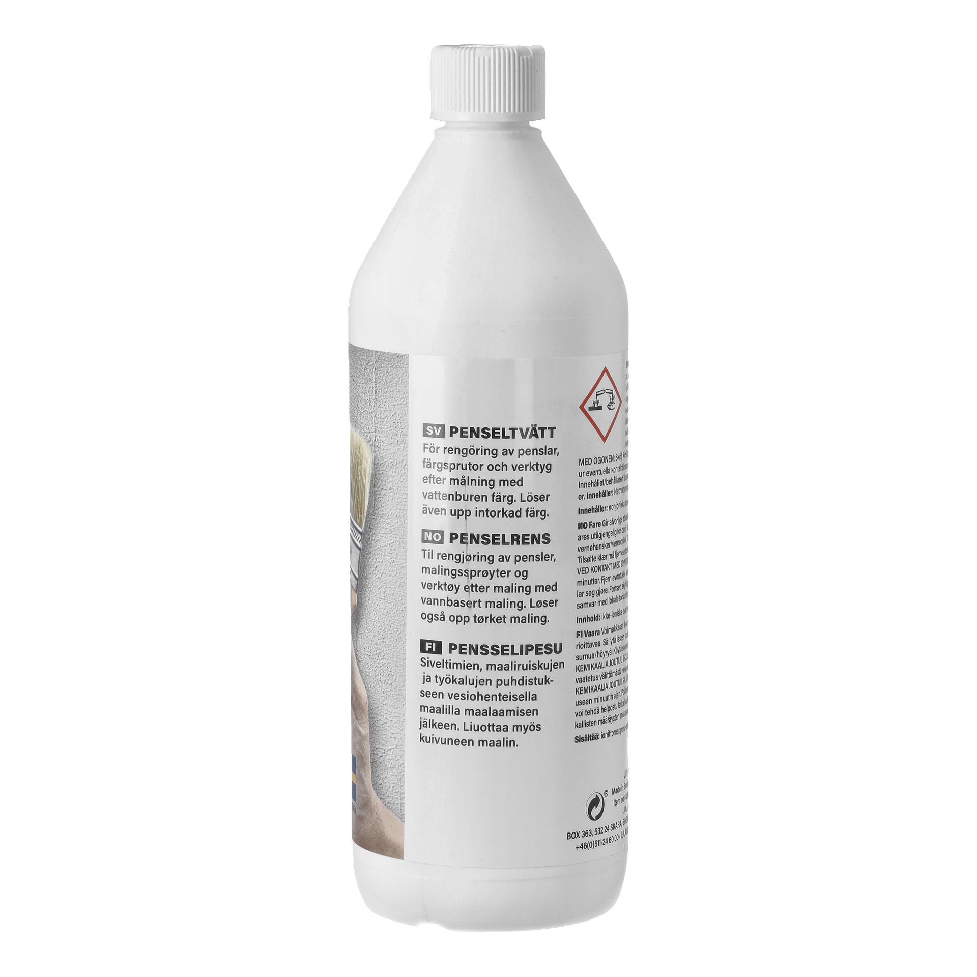 En vit plastflaska märkt PENSELTVÄTT, med text, en varningssymbol och instruktioner för rengöring av penslar.